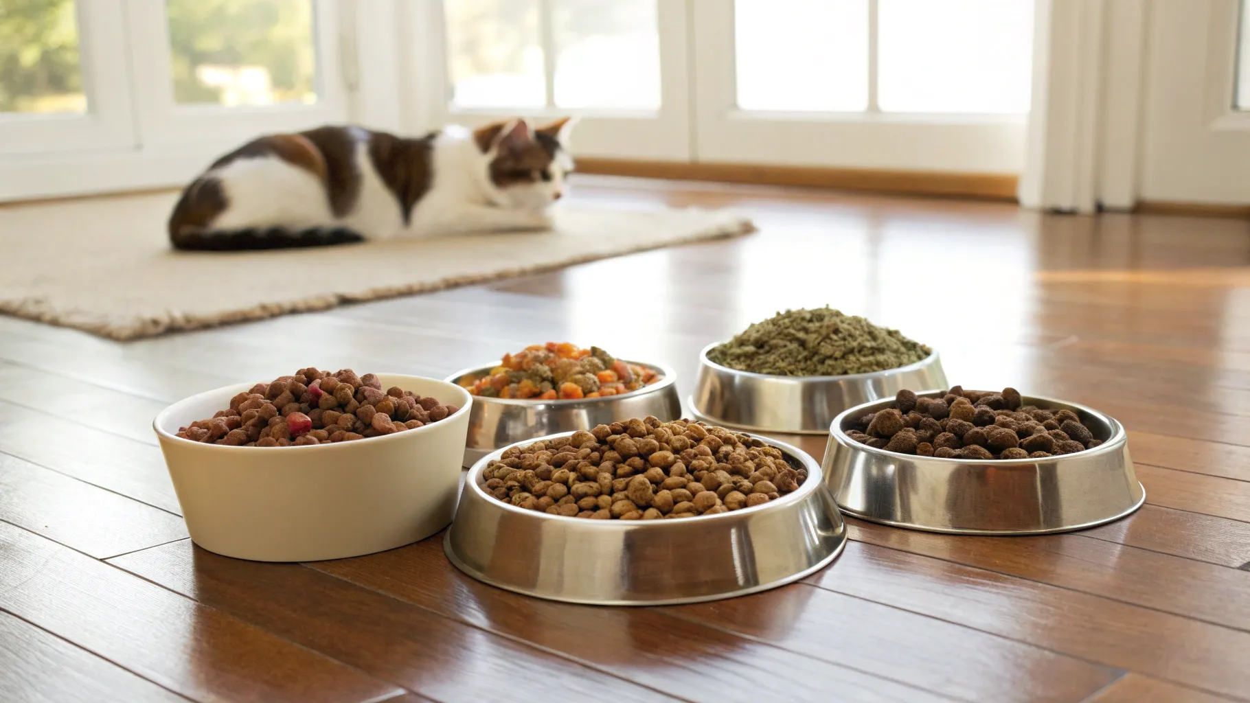 A high-quality bowl of one of the 5 indoor cat dry food options, placed on a clean surface next to a happy indoor cat.