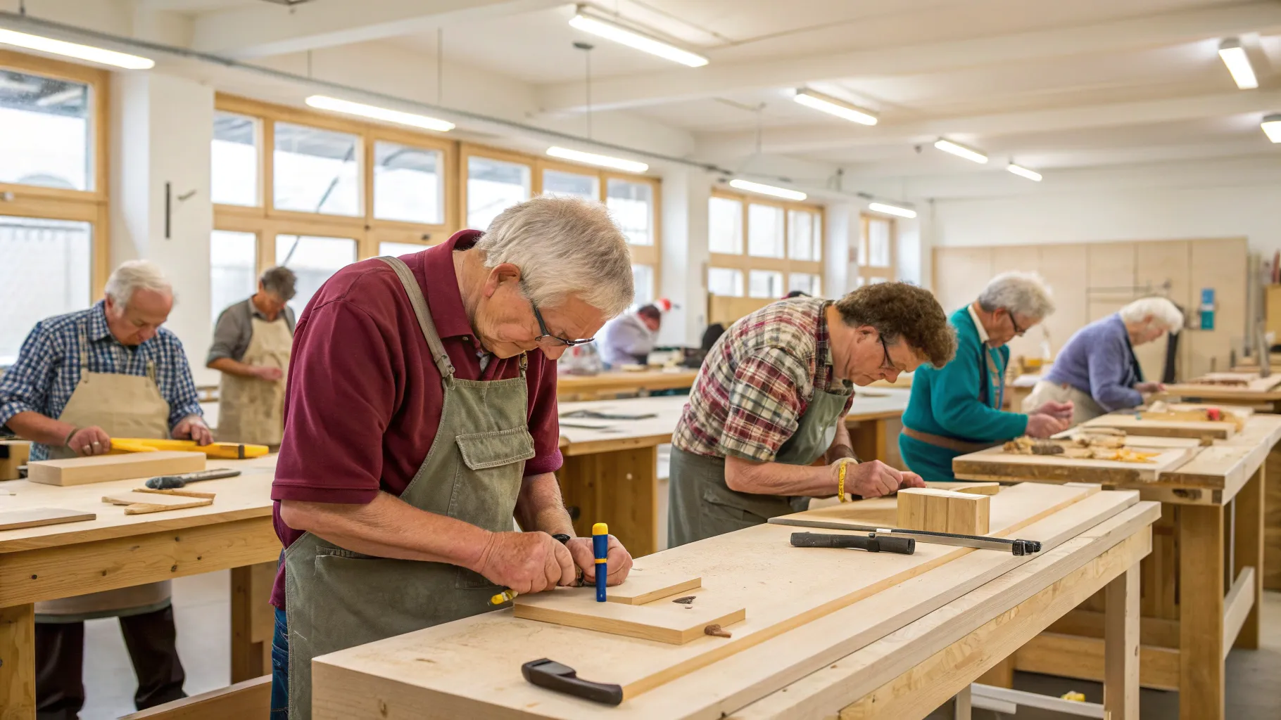 A senior carefully works on a piece of wood in beginner carpentry classes for seniors.