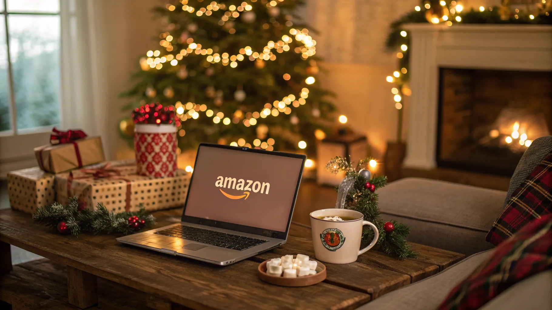A laptop on a coffee table showing the Amazon website in a festive Christmas setting with presents and a mug.