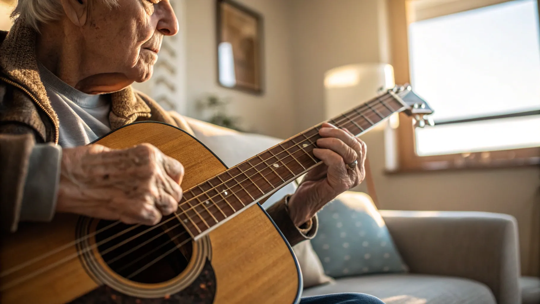 A senior student receiving one-on-one beginner guitar lessons for older adults from a patient instructor in a well-lit room.