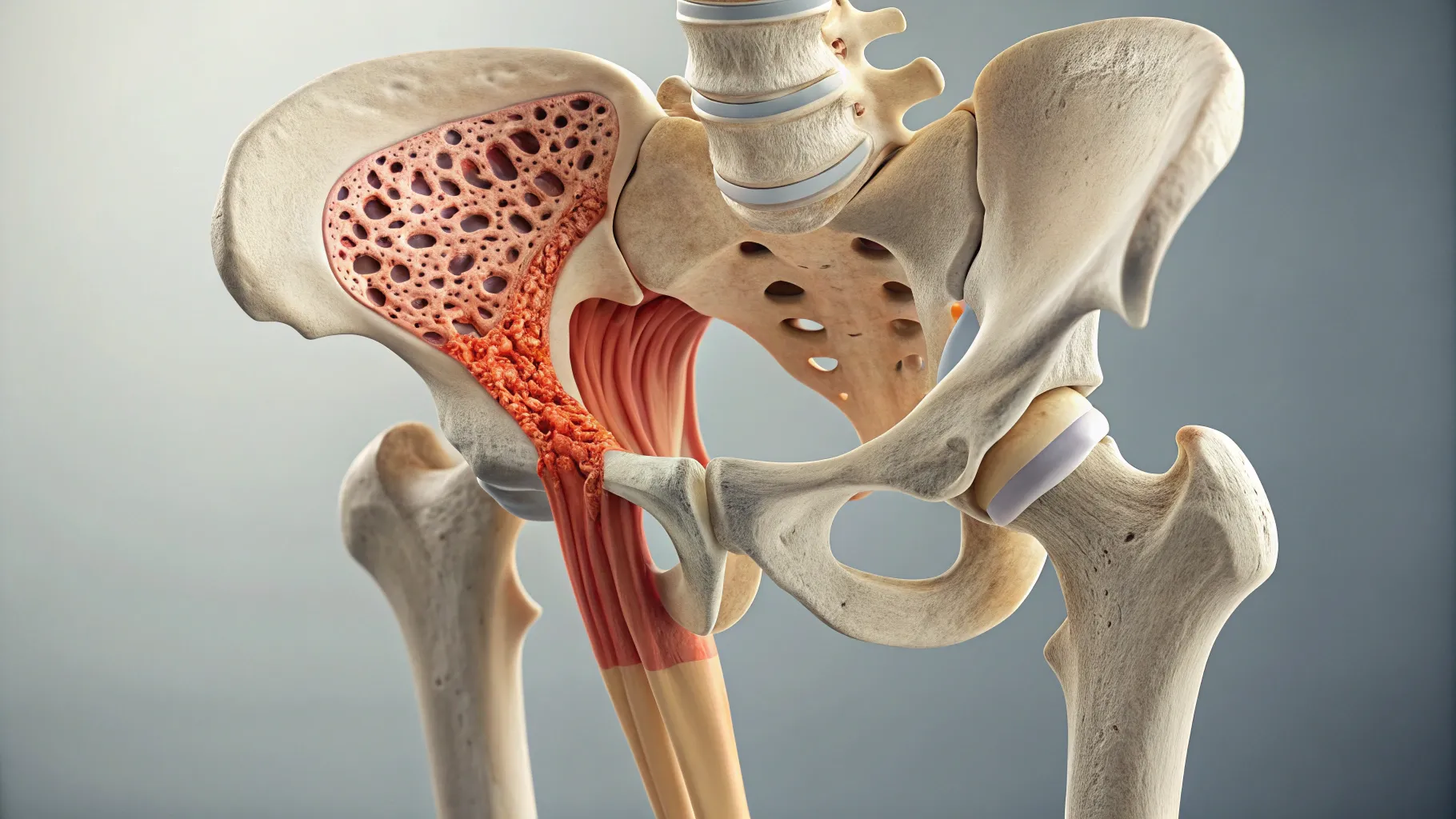 Hip Bursitis anatomical illustration showcasing inflammation in hip bursae.