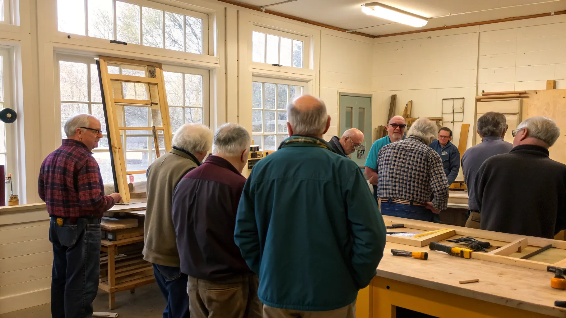 A group of older adults attentively participating in a DIY home upkeep courses for seniors, learning how to fix a leaky faucet.