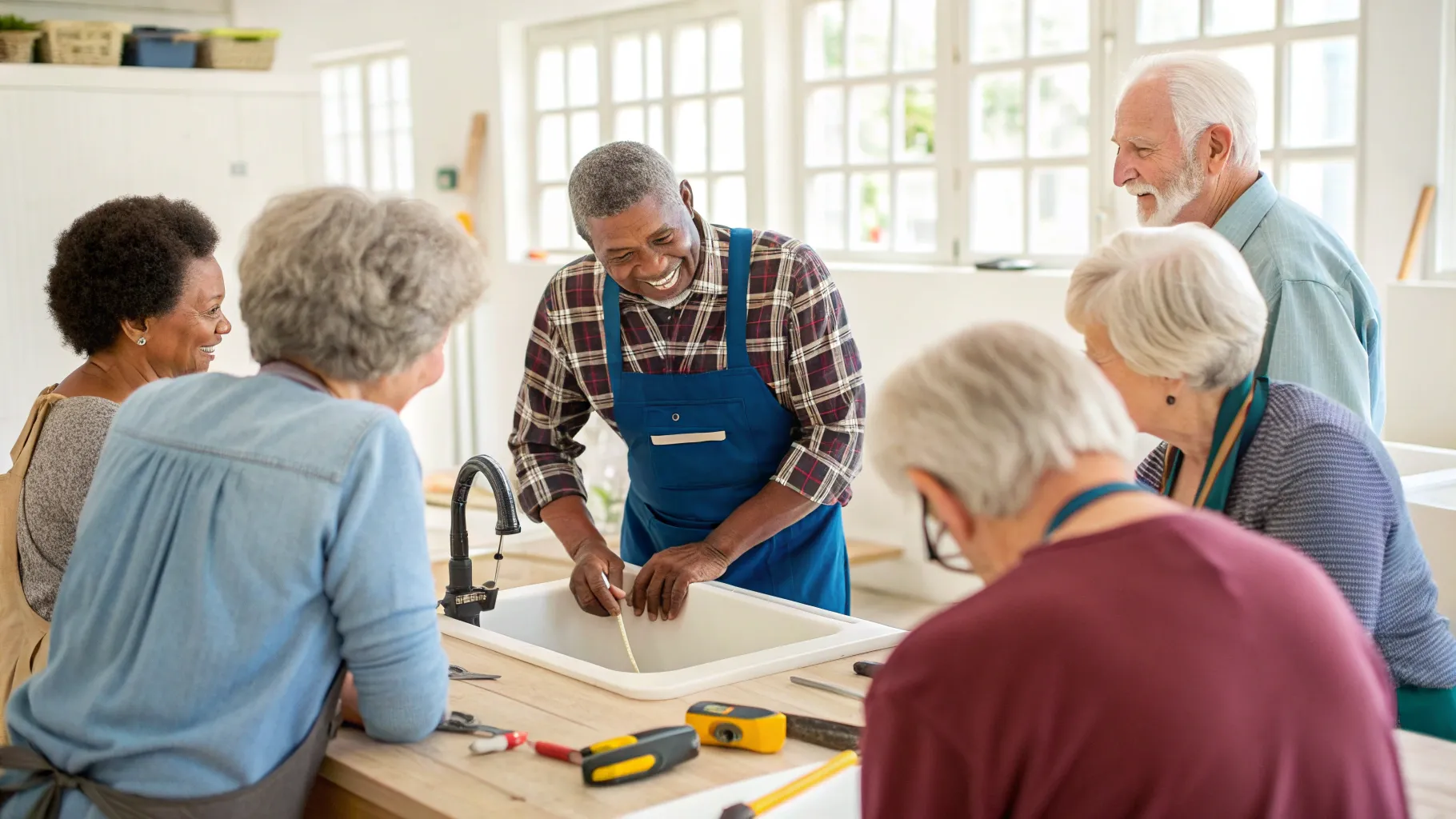 A group of older adults learning together in a beginner home repair class for seniors.