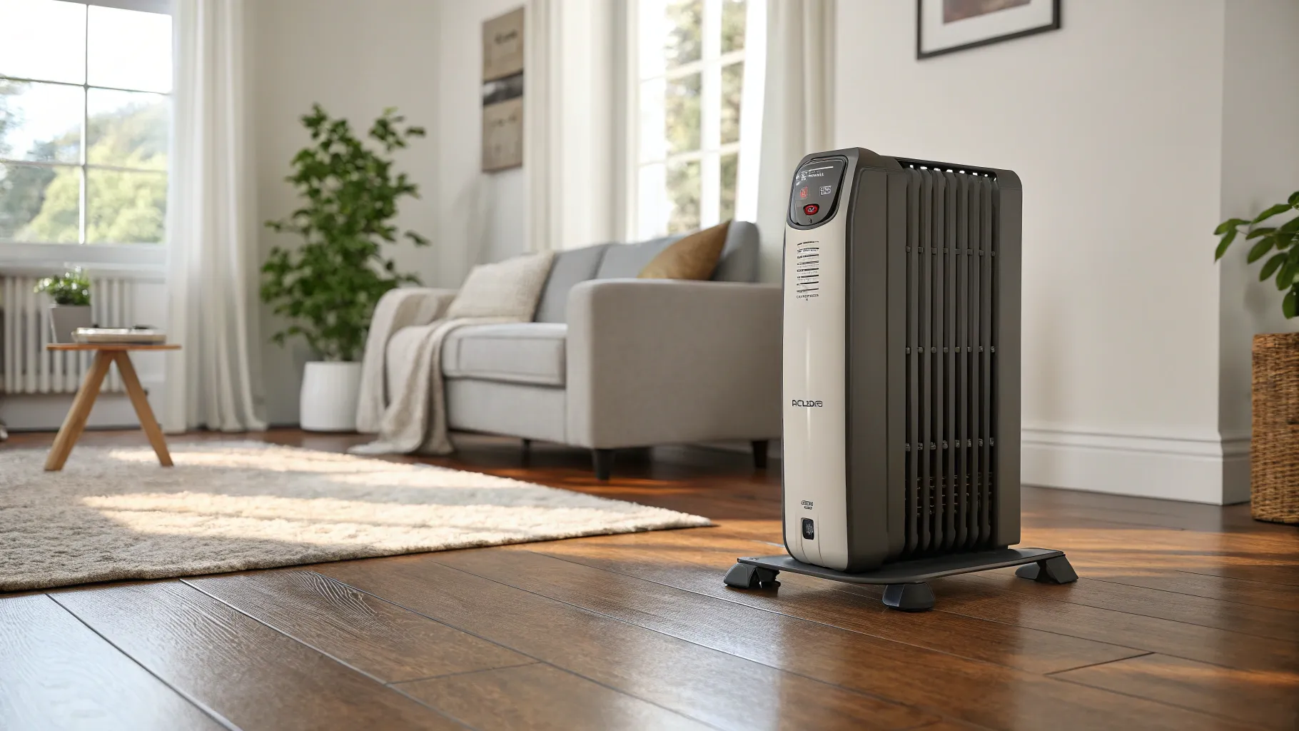 A modern electric space heater on a hardwood floor in a cozy living room.