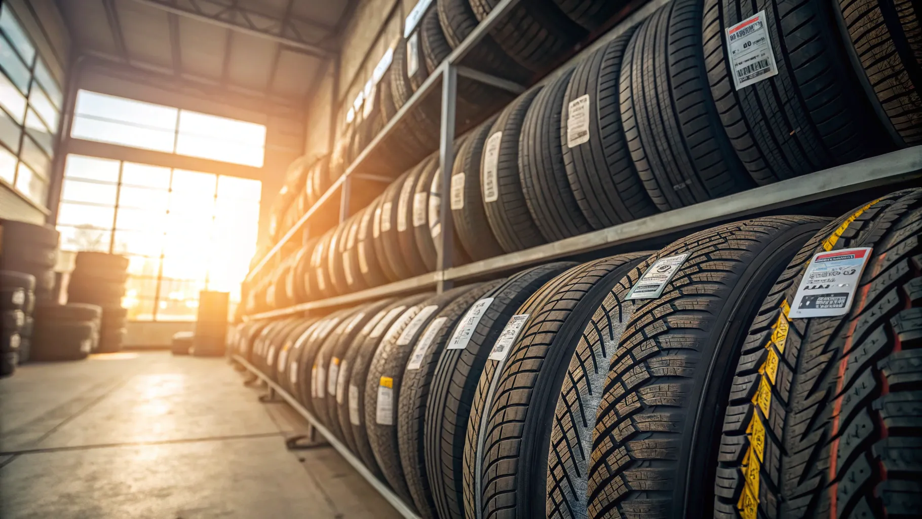 Second Hand Car Tires displayed in a shop, showcasing various tread patterns and brands.