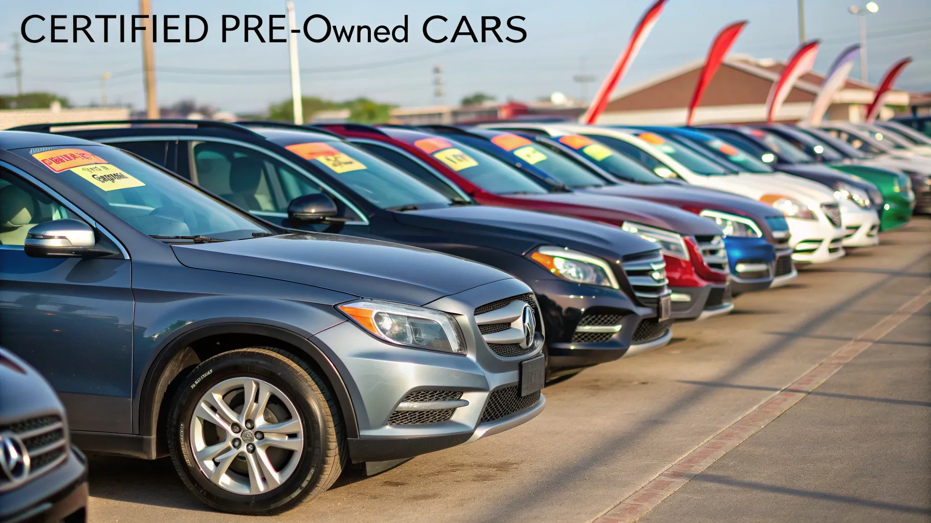 Used cars with warranty for sale in a sunny dealership setting with green landscape.