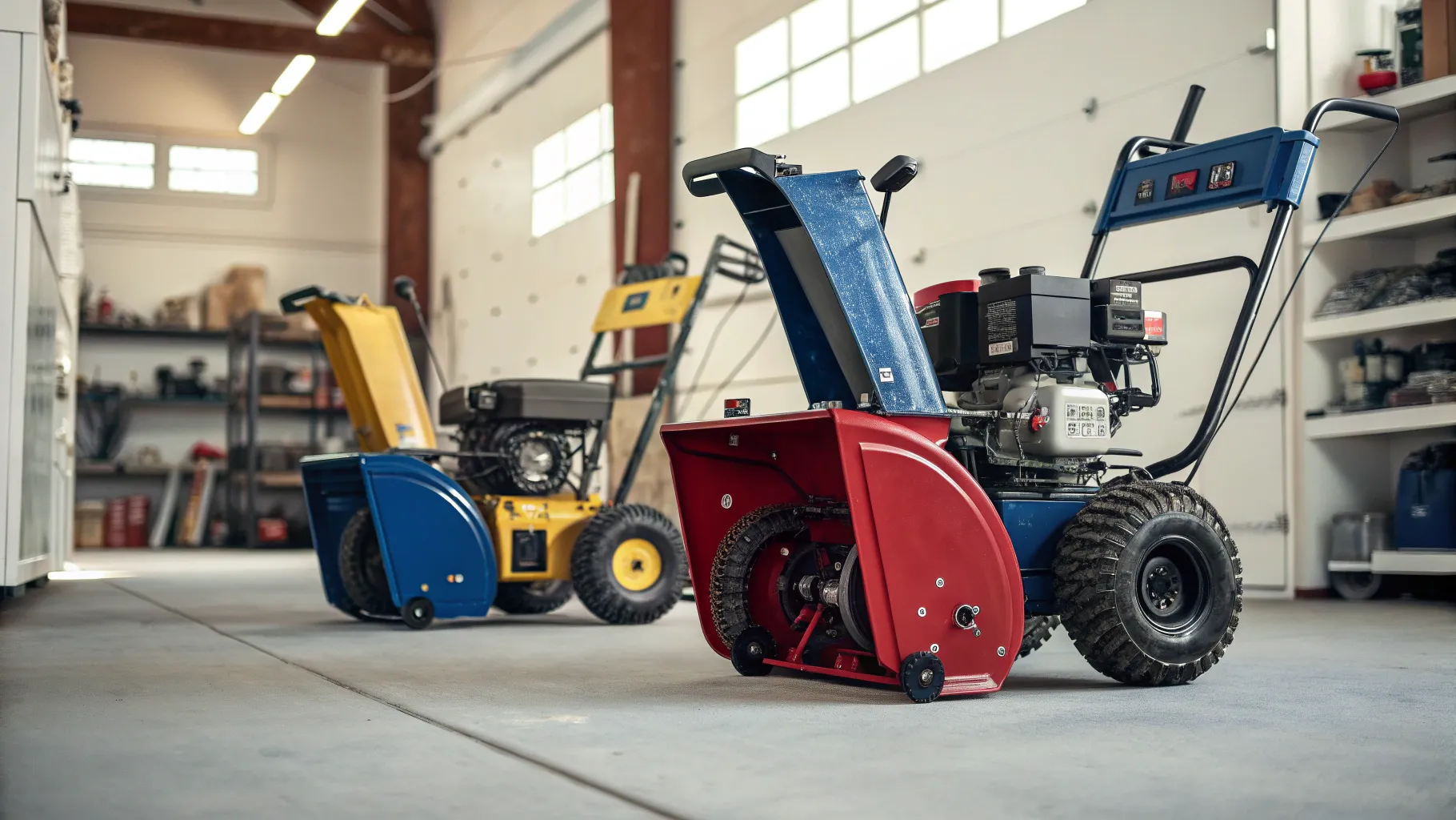 A potential buyer examining a red second hand snow blower in a garage, following a used snow blower buying guide.