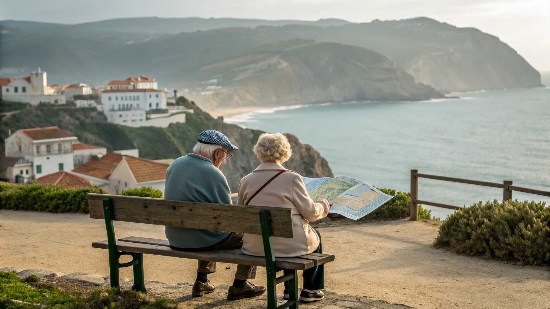 A senior couple looking at a map in a scenic, affordable location, representing low cost senior vacations.