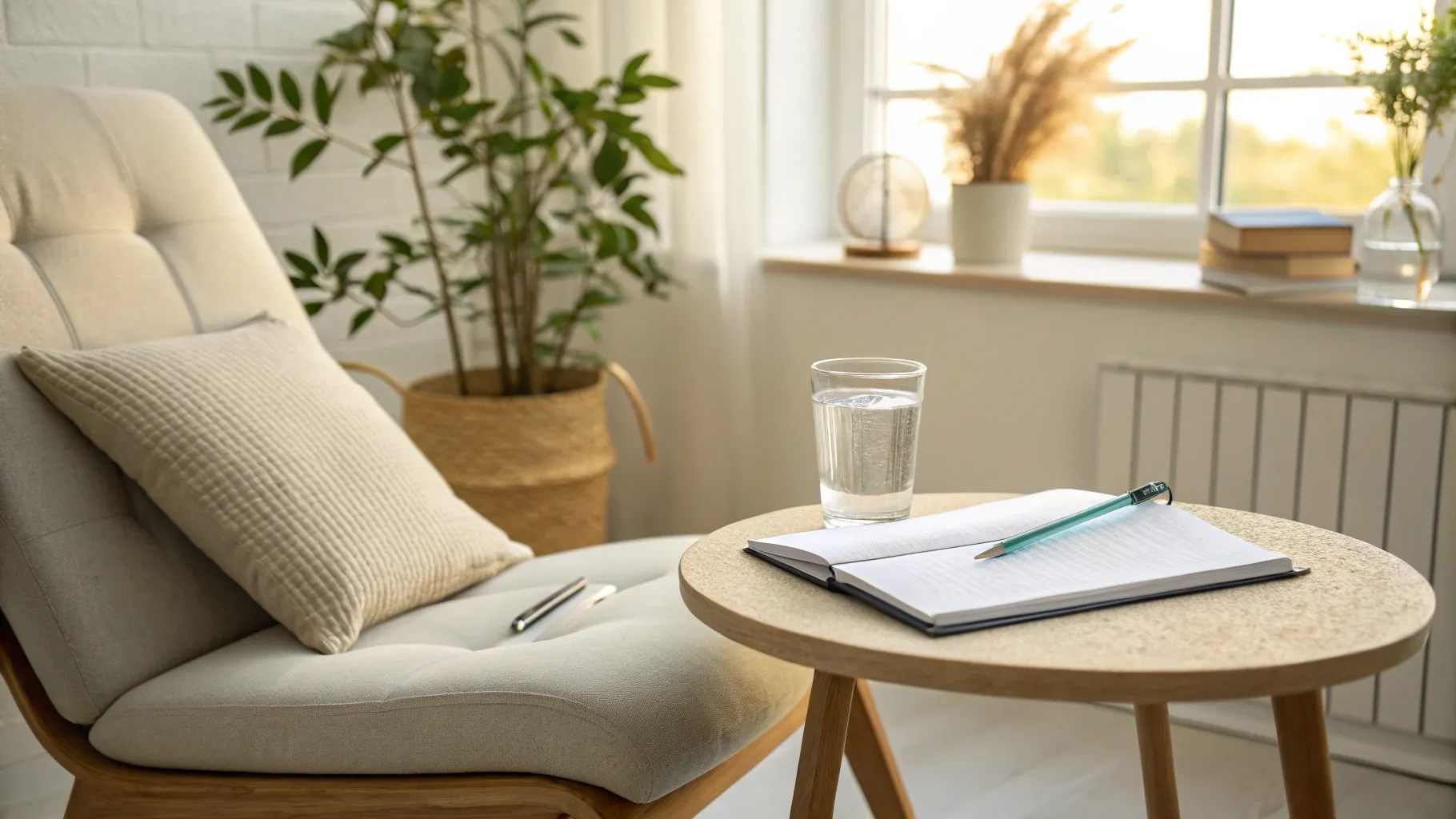 how to identify and treat vestibular migraine a complete guide: calming room scene with journal.