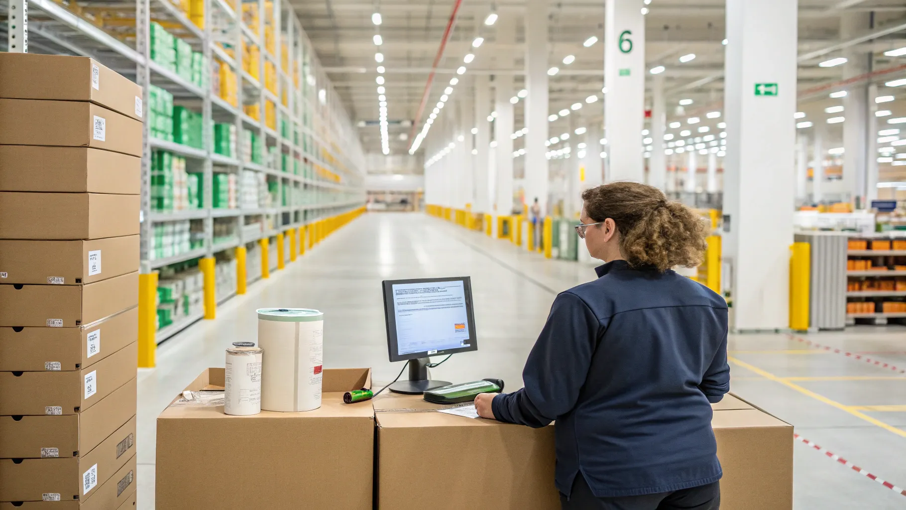 A worker performing warehouse picking and packing duties in a modern warehouse environment.