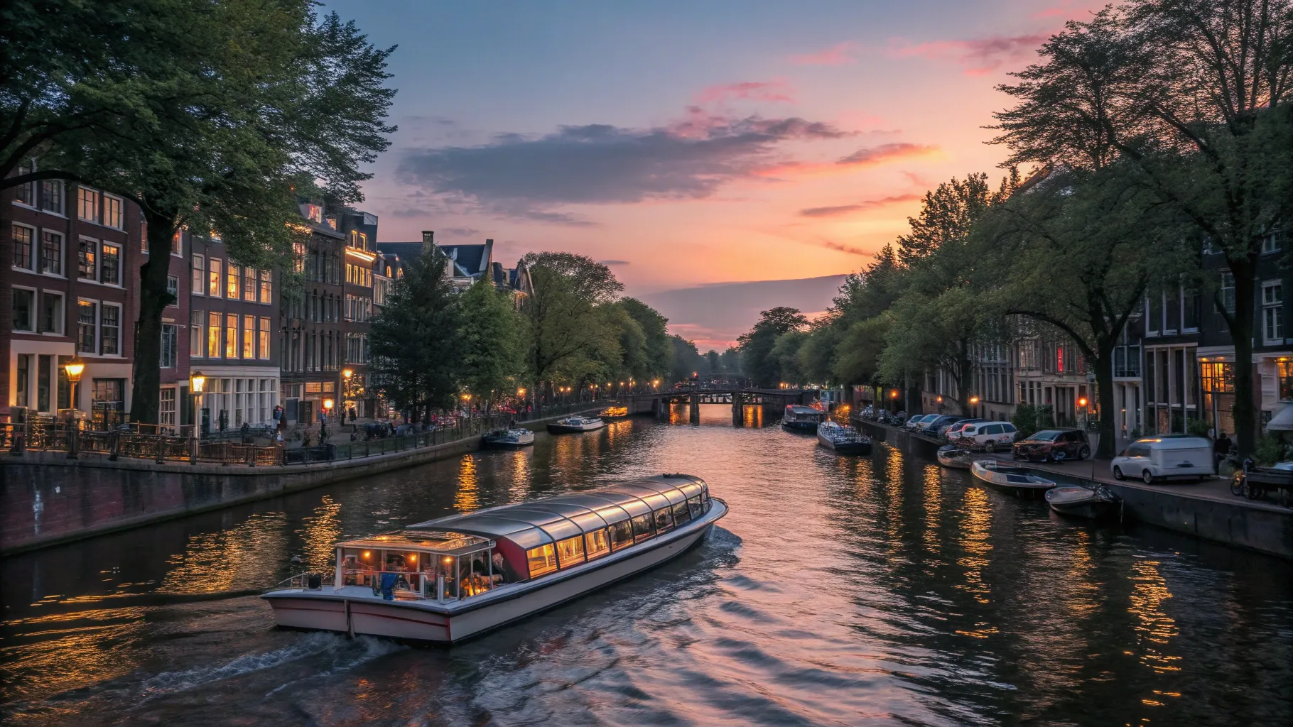 Amsterdam River Cruises featuring a scenic canal with a lit dinner cruise boat.