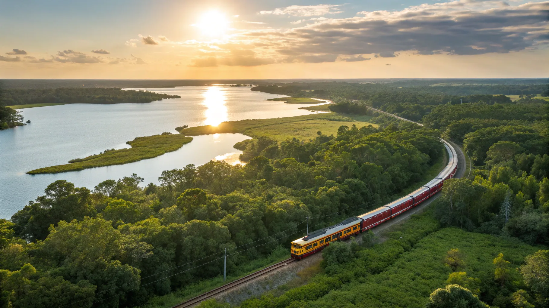 Orlando train tours showcasing a train traversing lush landscapes and sparkling lakes.