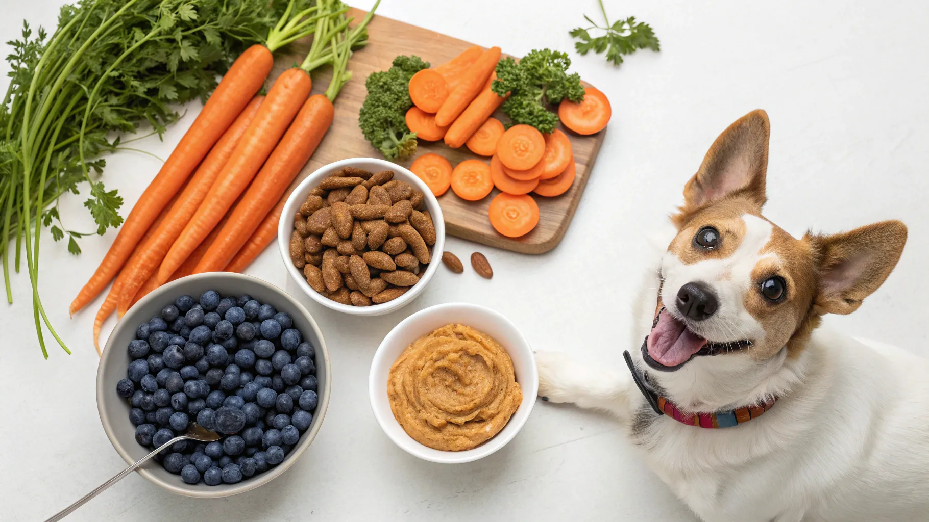 Safe Human Foods Dogs Can Eat: colorful foods for dogs on a wooden table with a happy dog.