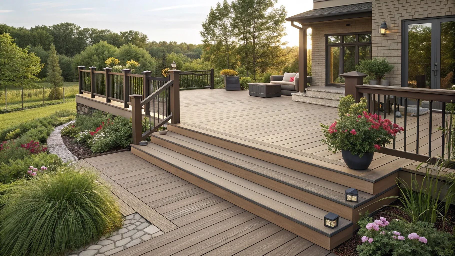 Composite Decking Boards shine in a lush garden, highlighting durability and beauty.