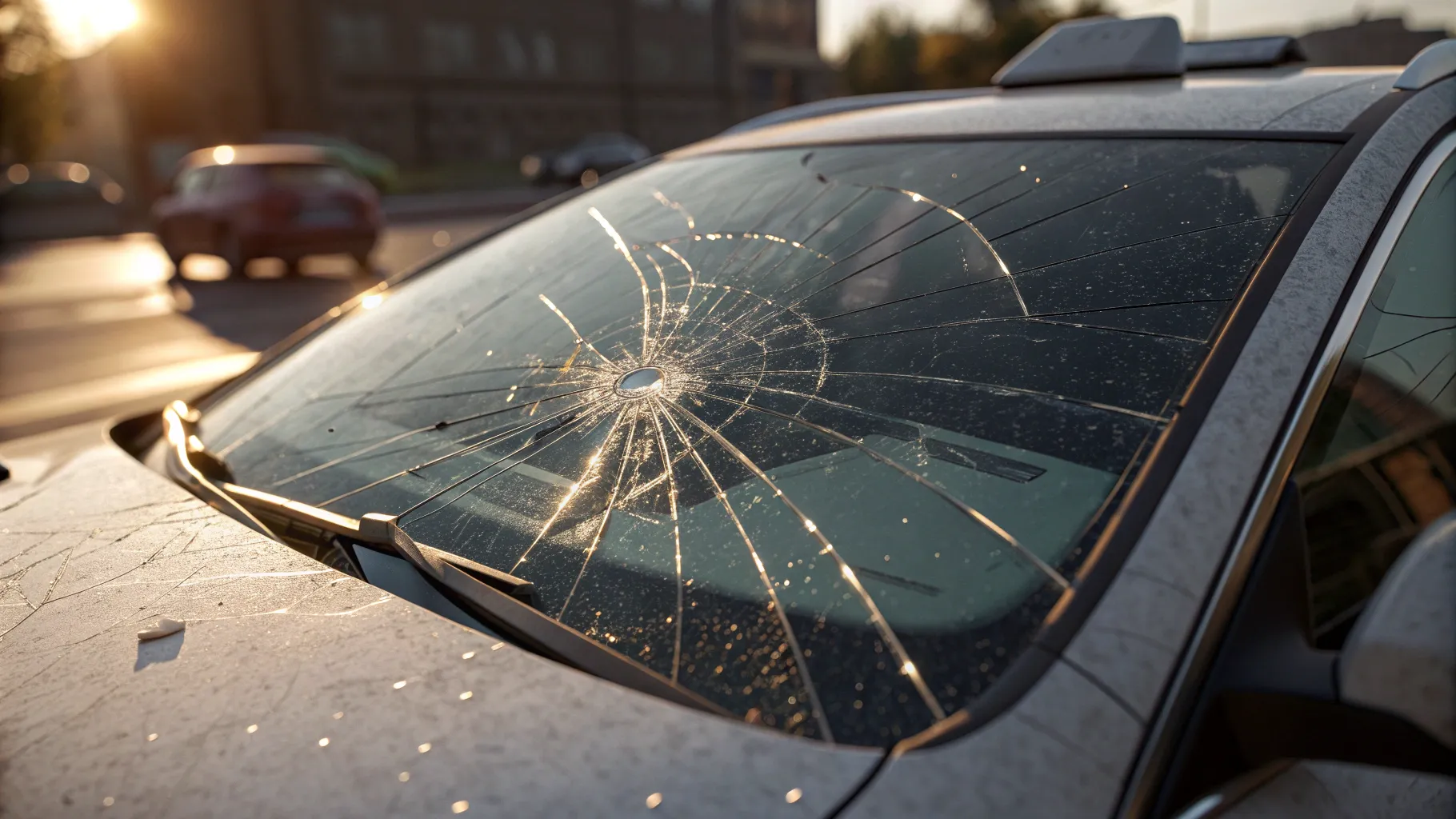 When to consider windshield replacement: cracked glass with sunlight reflection.