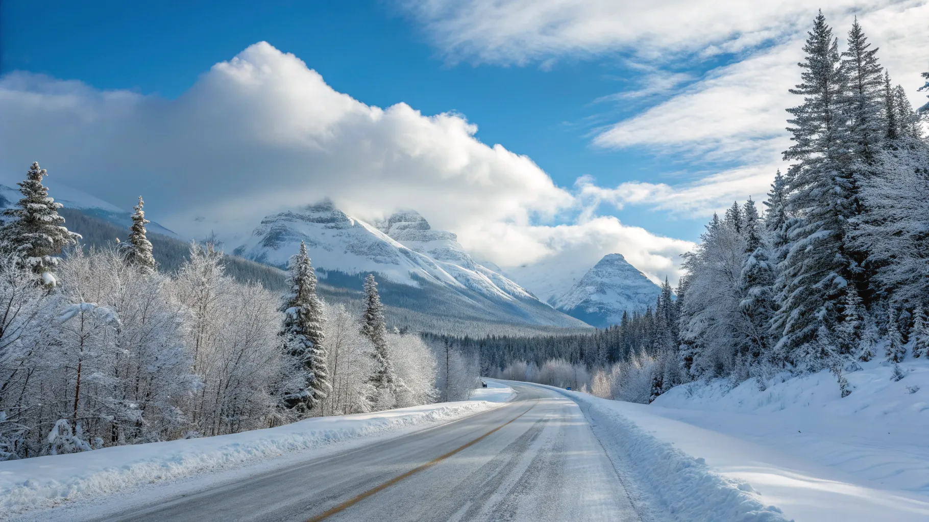 Budget-Friendly Winter Road Trip Routes through snow-covered mountains and serene forests.