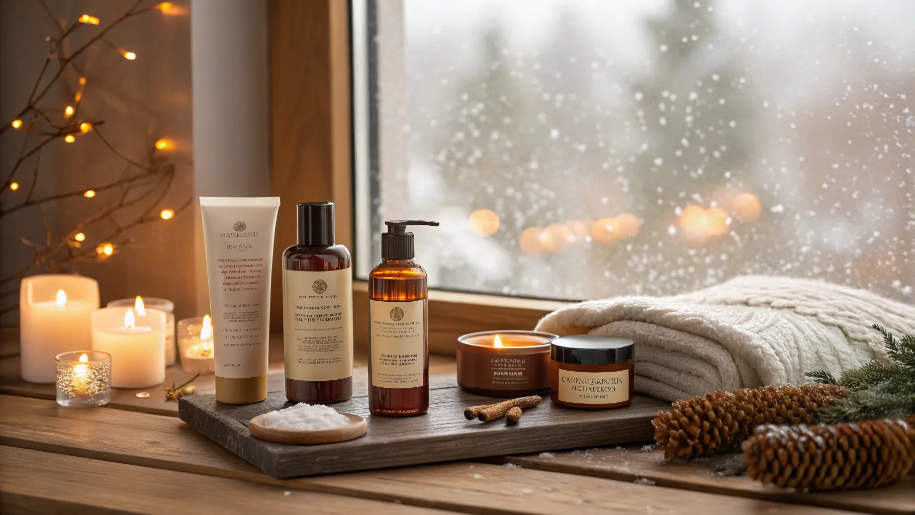 Skin Care Products That Support Winter Comfort displayed in a cozy winter setting.