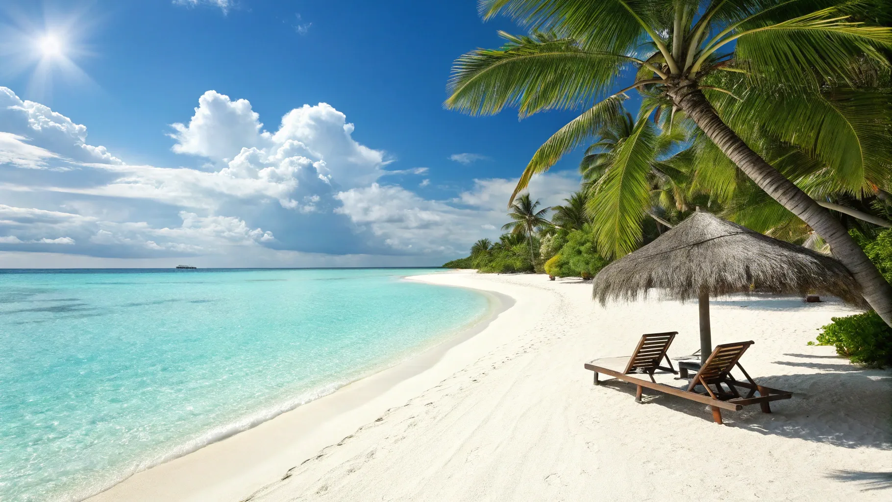 An inviting view of a tropical beach with empty lounge chairs under a thatched umbrella facing the turquoise ocean.