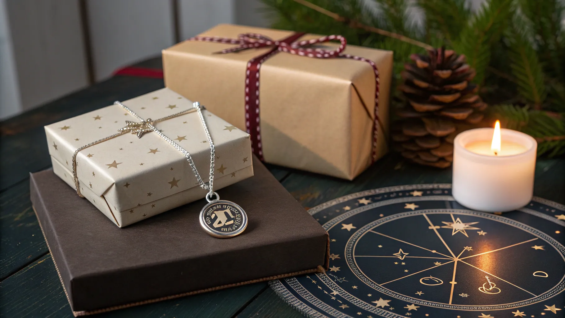 A collection of curated items on a celestial-themed background representing the best gifts by zodiac sign.