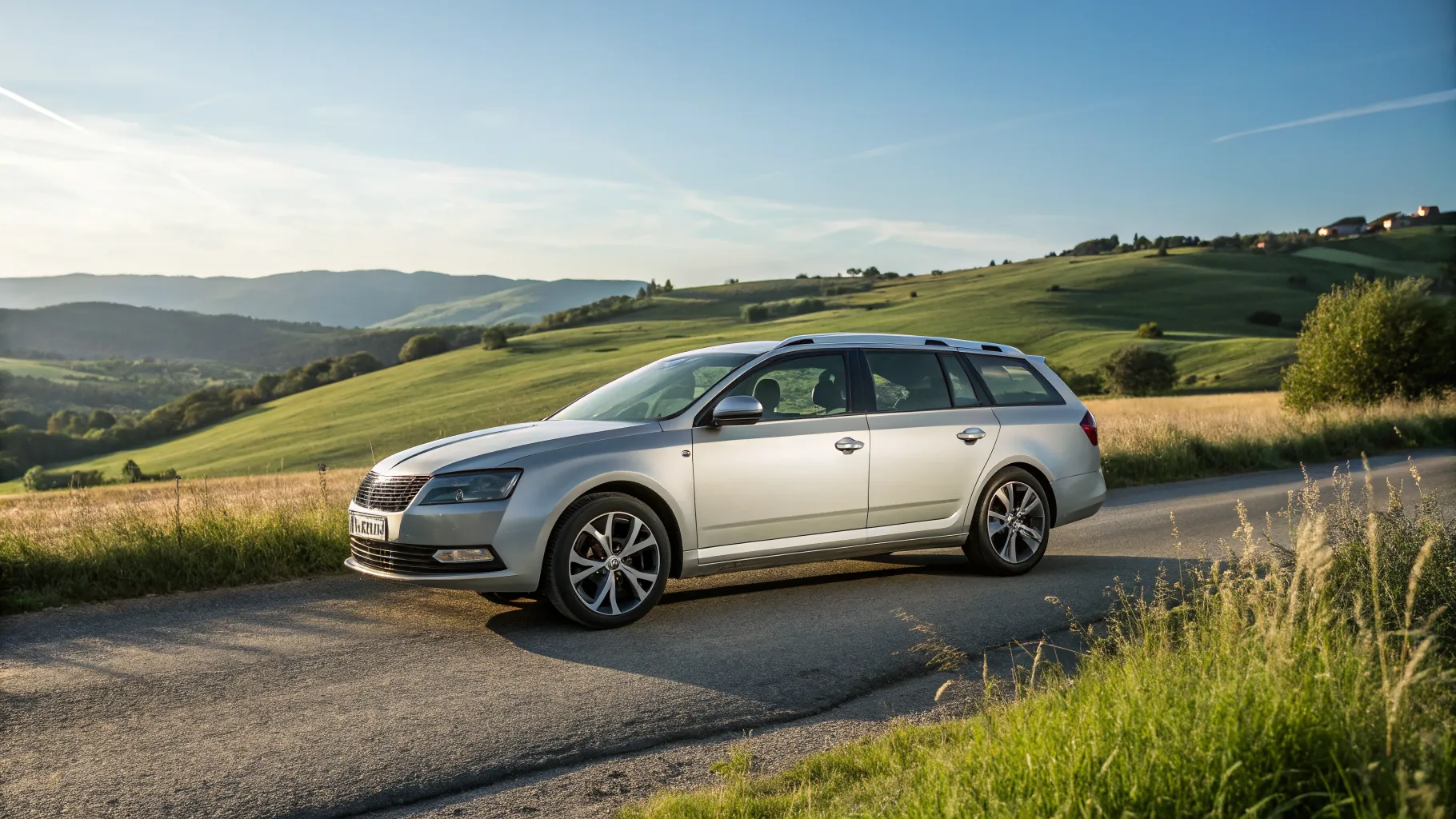 Fényképek egy használt Skoda Octavia Combi autóról, amint egy vidéki úton parkol, kiemelve a megbízható használt autó jellegét.