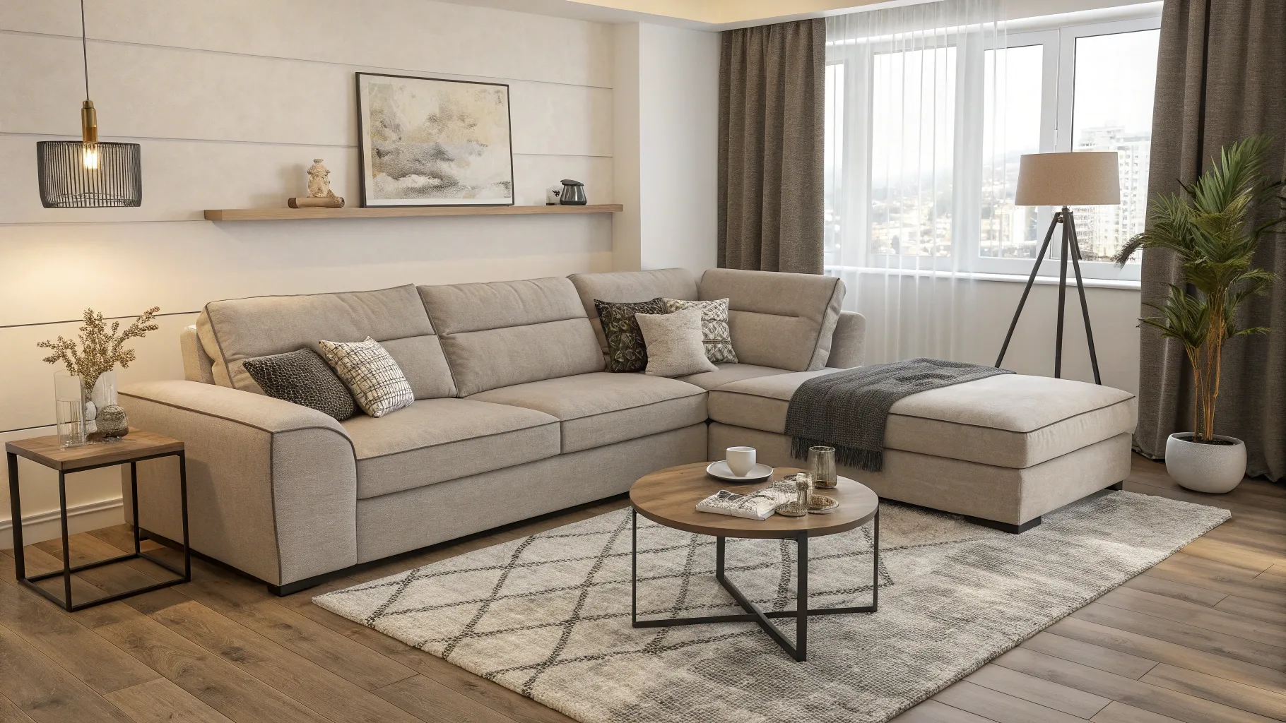 Corner Sofa Set in a modern apartment with plush design, soft fabric, and stylish decor.