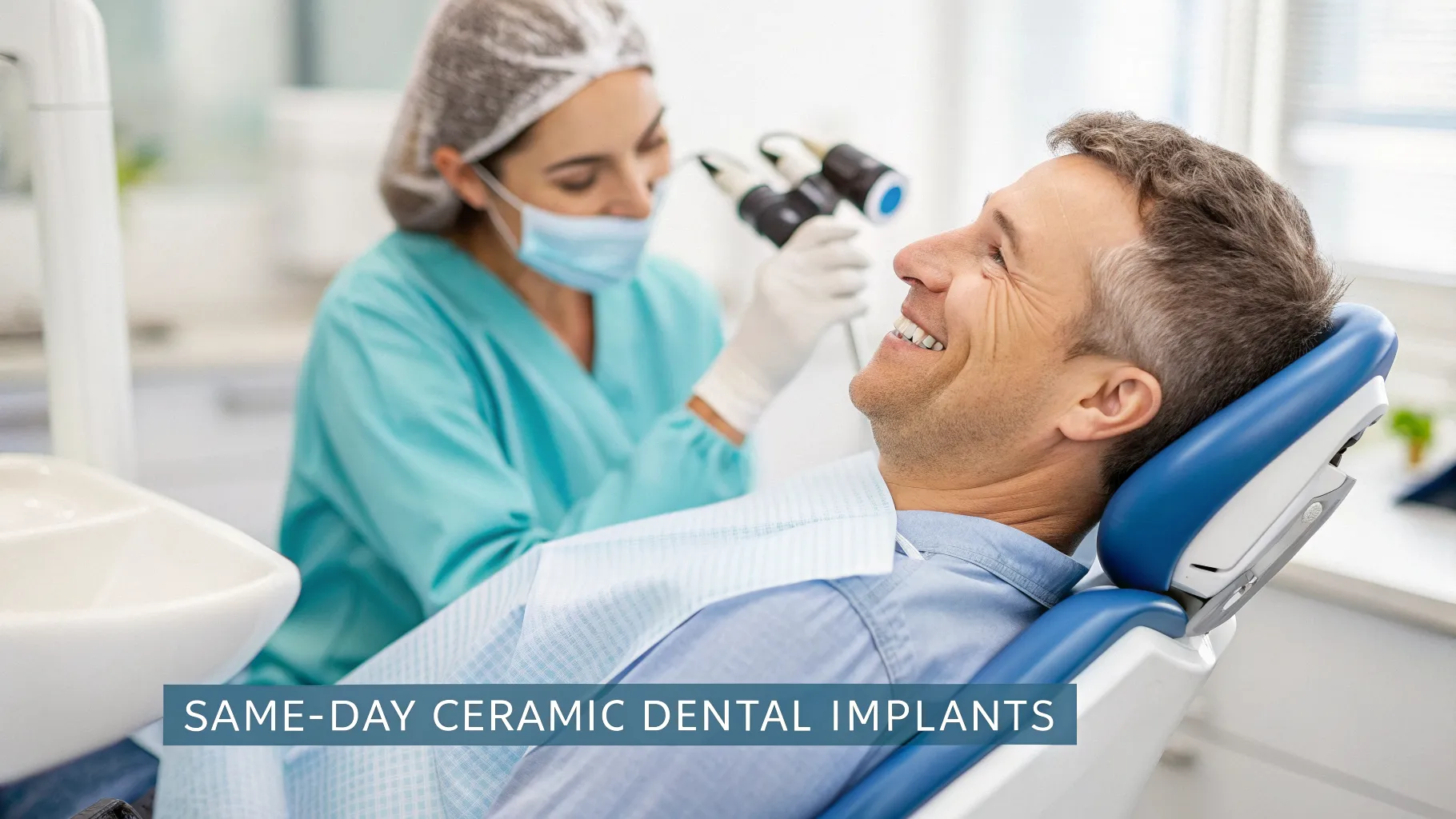 Imagine cu un pacient zâmbitor după procedura de implanturi dentare ceramice într-o singură zi, ilustrând restaurarea dentară rapidă.