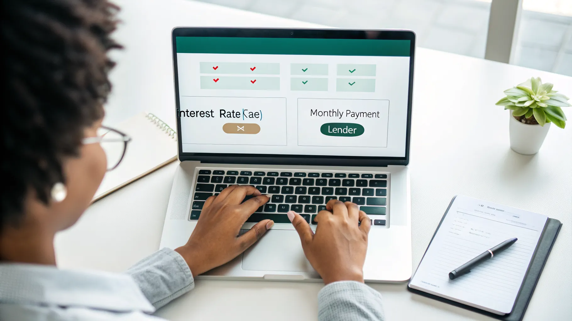 Una persona utilizando un comparador de préstamos en su laptop para analizar diferentes ofertas de crédito.