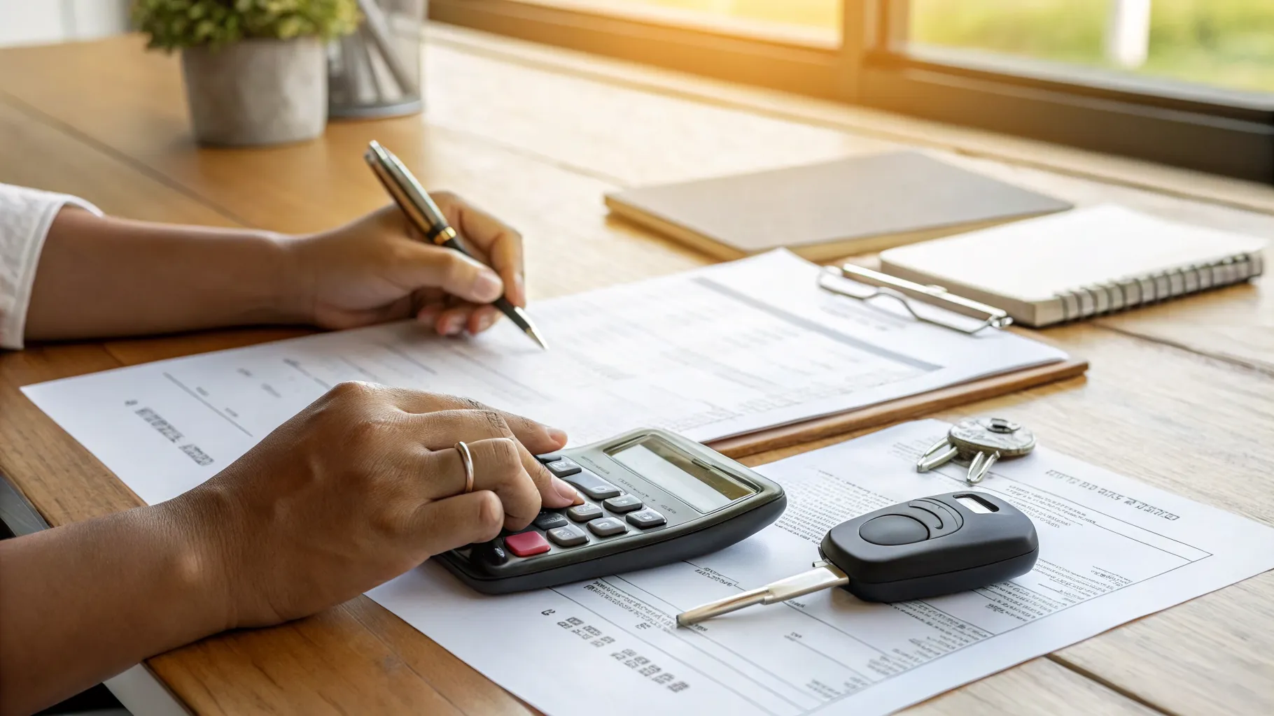 Una persona utilizando una calculadora para comparar ofertas de préstamos para automóviles sobre un escritorio.