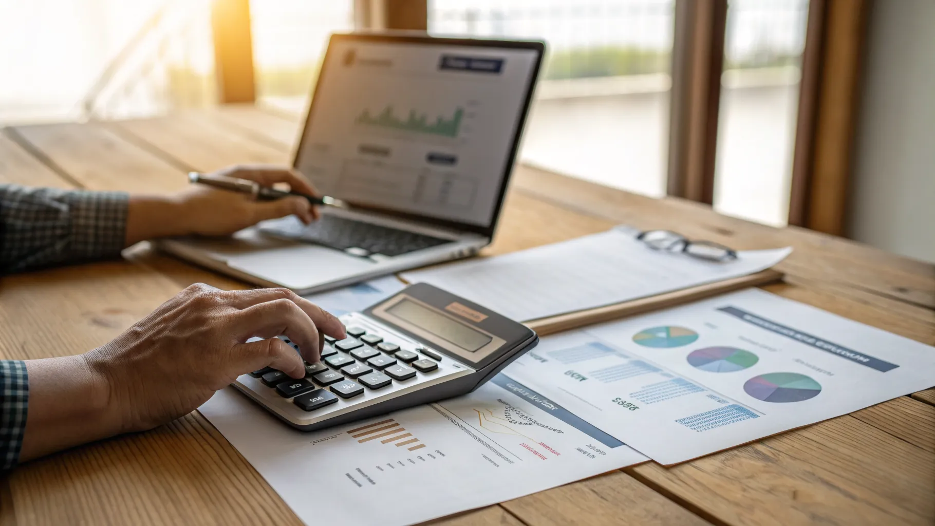 En person som noggrant analyserar olika dokument för att jämföra låneränta vid refinansiering.