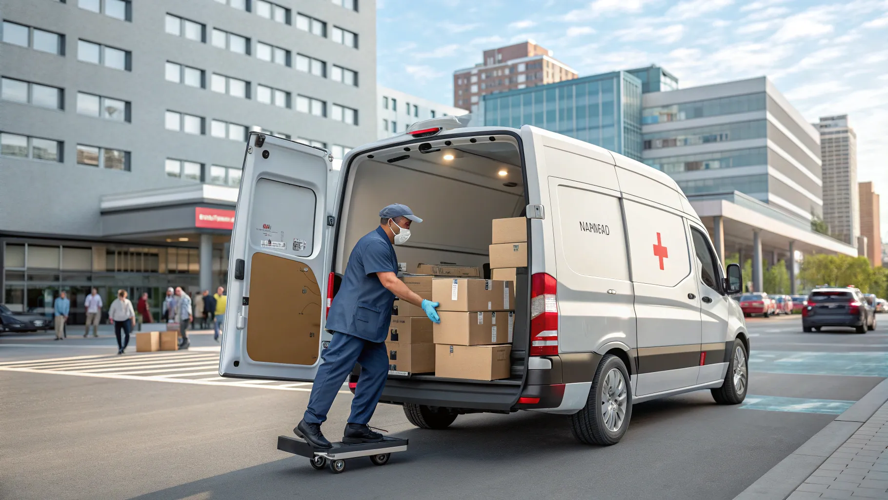 Guide til Job som Medical Leveringschauffør: Medical delivery in a bustling hospital setting.