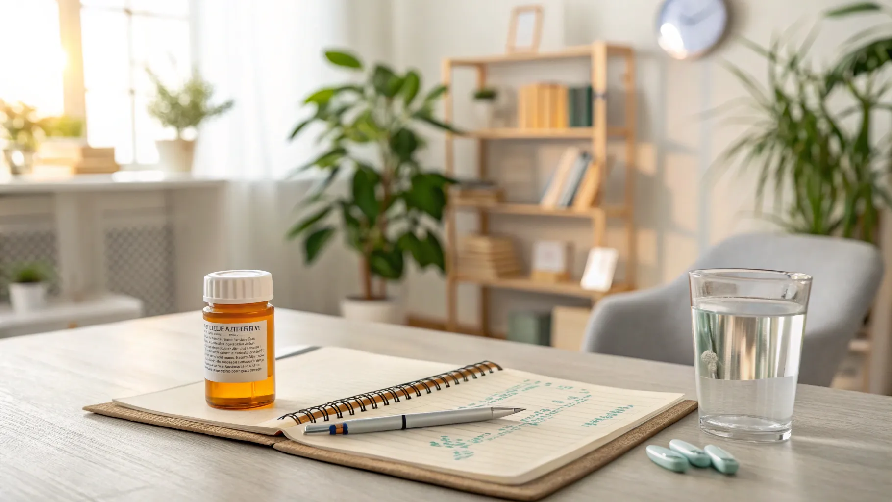 Pharmakologische Behandlung von Depressionen with a tranquil doctor's office scene.