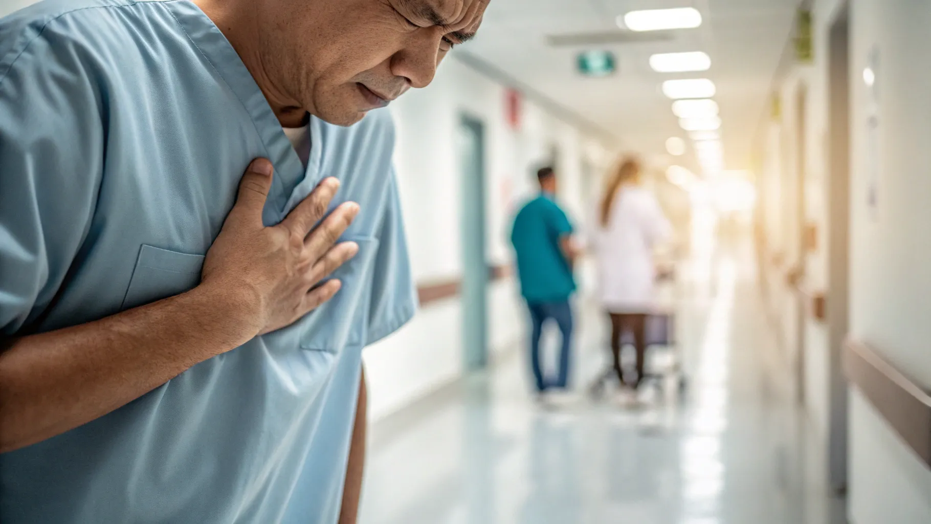 Warnsignale eines Herzinfarkts früh erkennen: a hand on chest in a hospital setting.