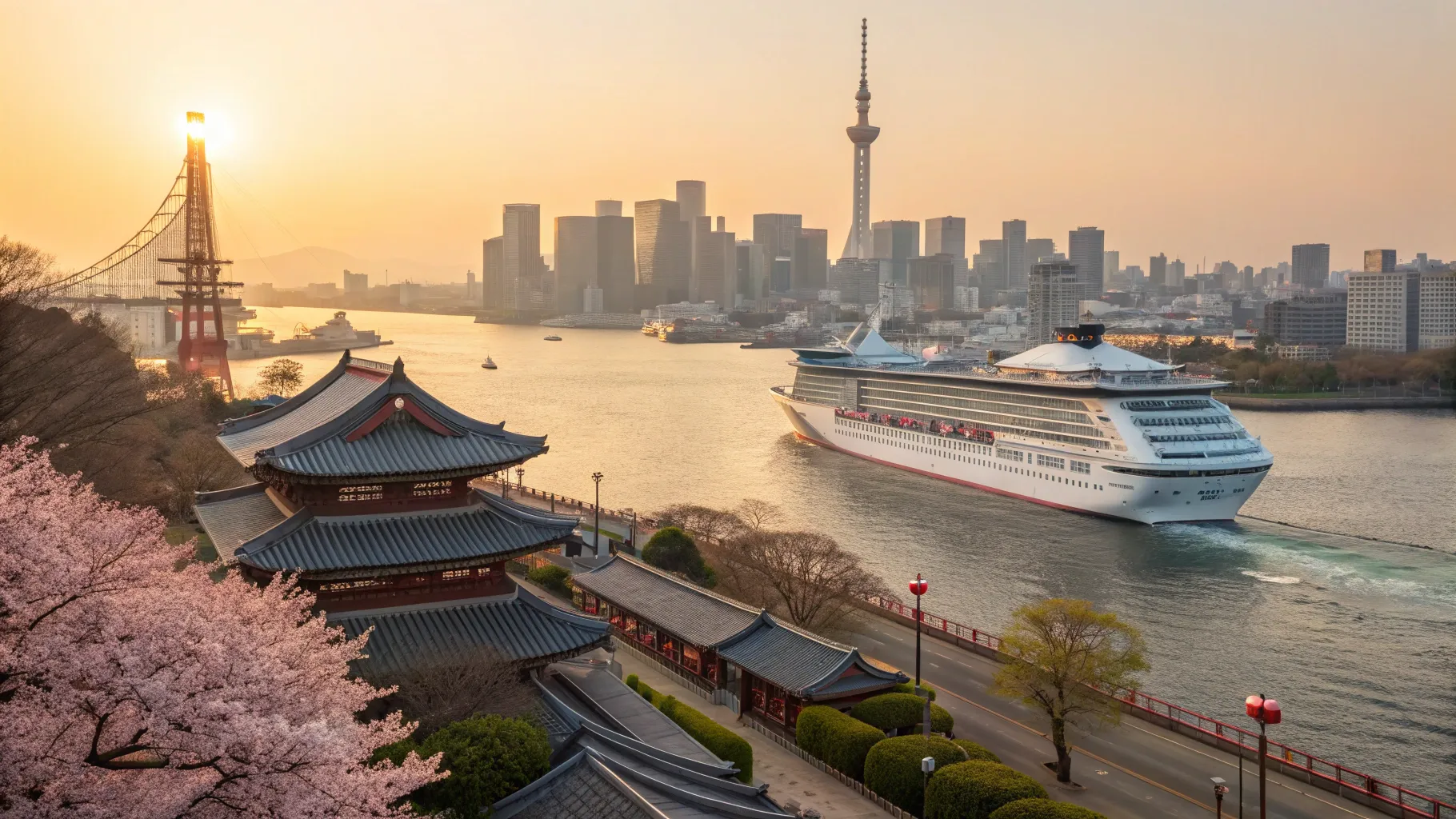 Japan Kreuzfahrten 2025 und 2026: Stunning Tokyo harbor with cherry blossoms and skyline.