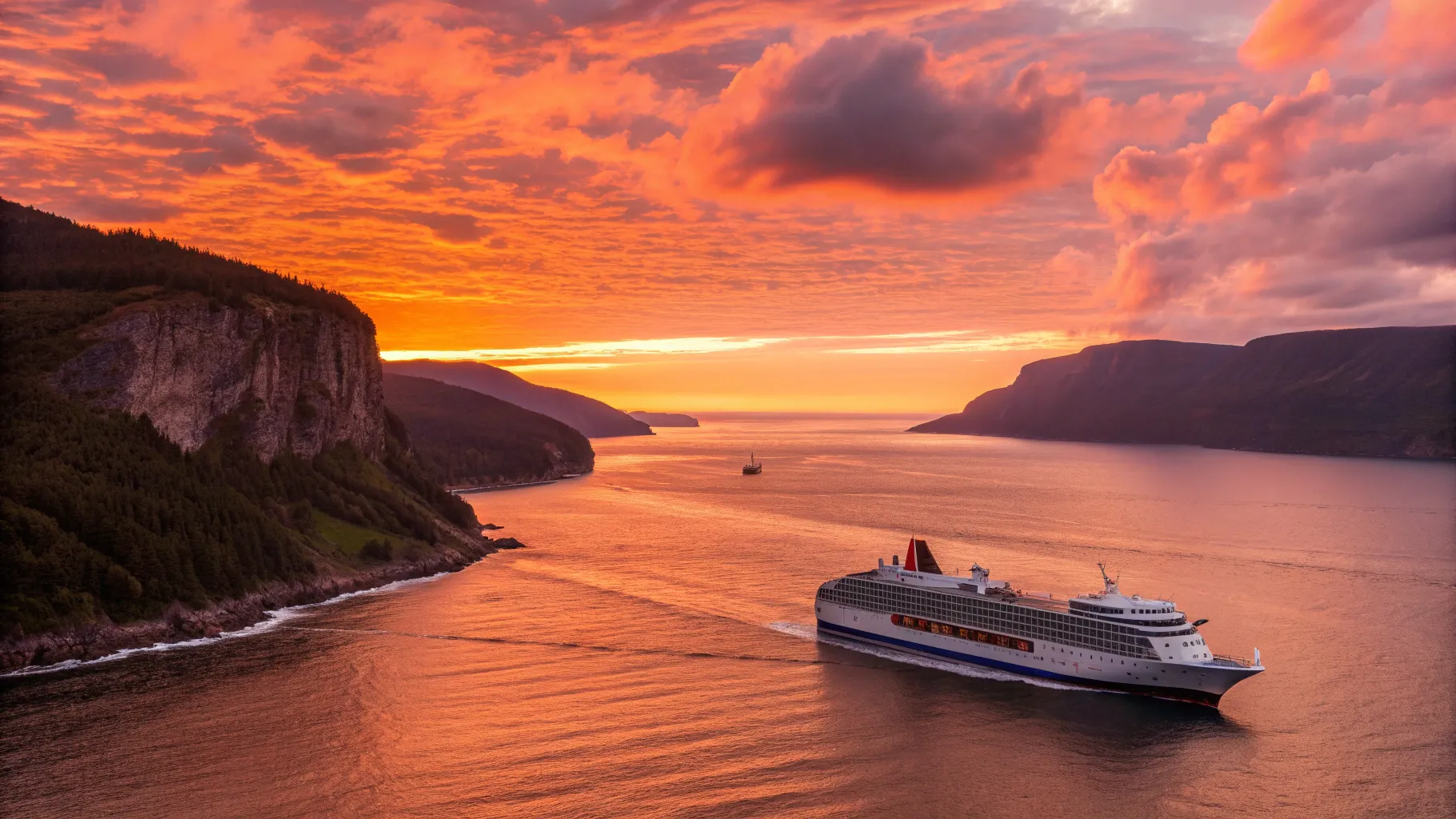 Atlantische Wildnis: Vom Hamburger Hafen direkt nach Kanada, a vibrant sunset cruise scene.