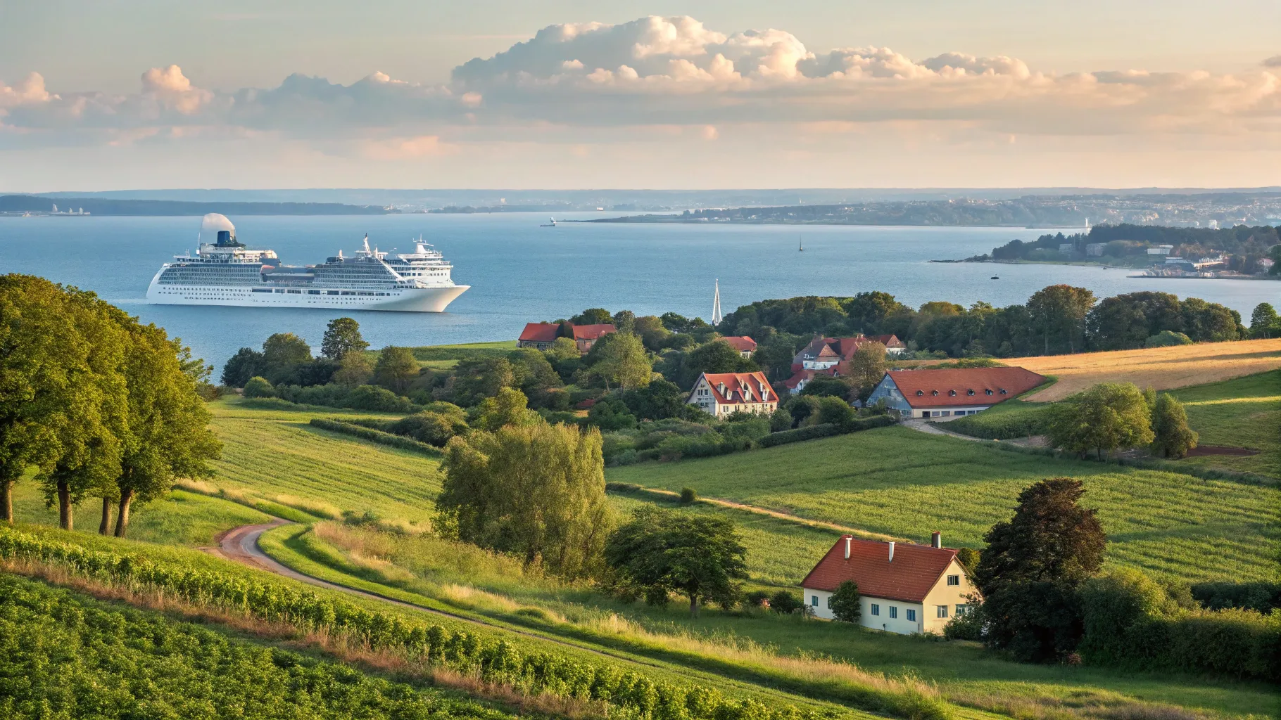 Skandinavisch genießen: Dänemark-Kreuzfahrt ab Kiel, showcasing a ship and lush landscapes.