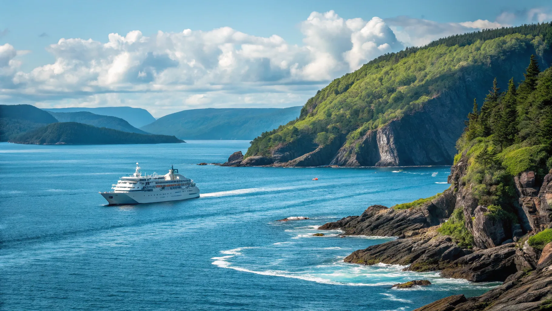 Von Kiel zu Kanadas Küsten: Natur, Metropolen & Meer - cruise ship on calm blue waters.
