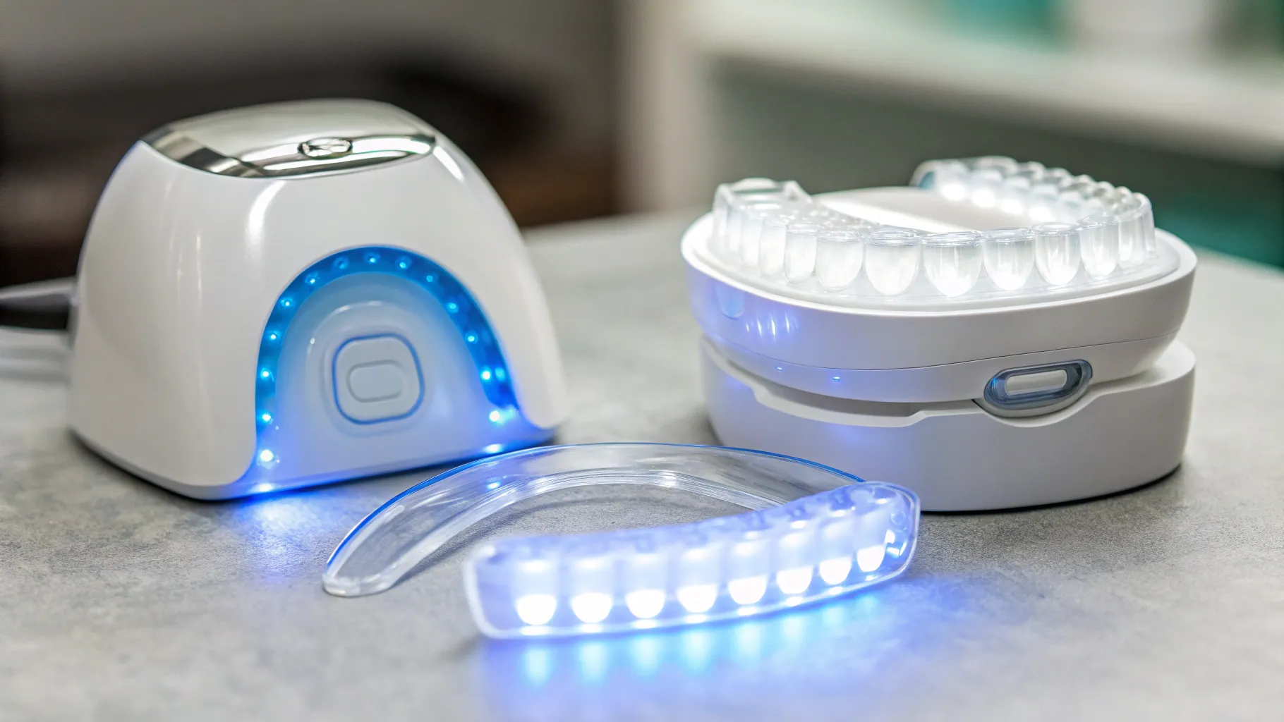 LED oder Gel: Welche Methode zur Zahnaufhellung passt zu Ihnen? Two whitening kits displayed.