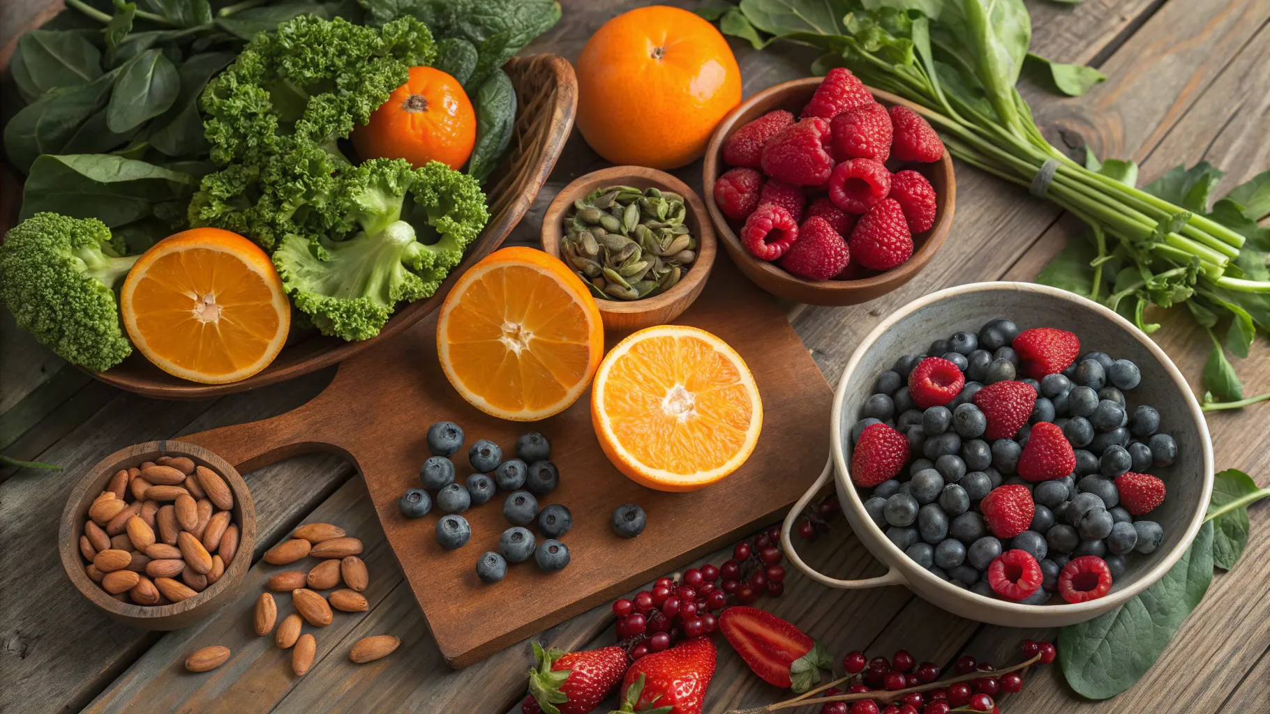 Vitamine für Lebergesundheit: A colorful assortment of fruits and vegetables on a table.