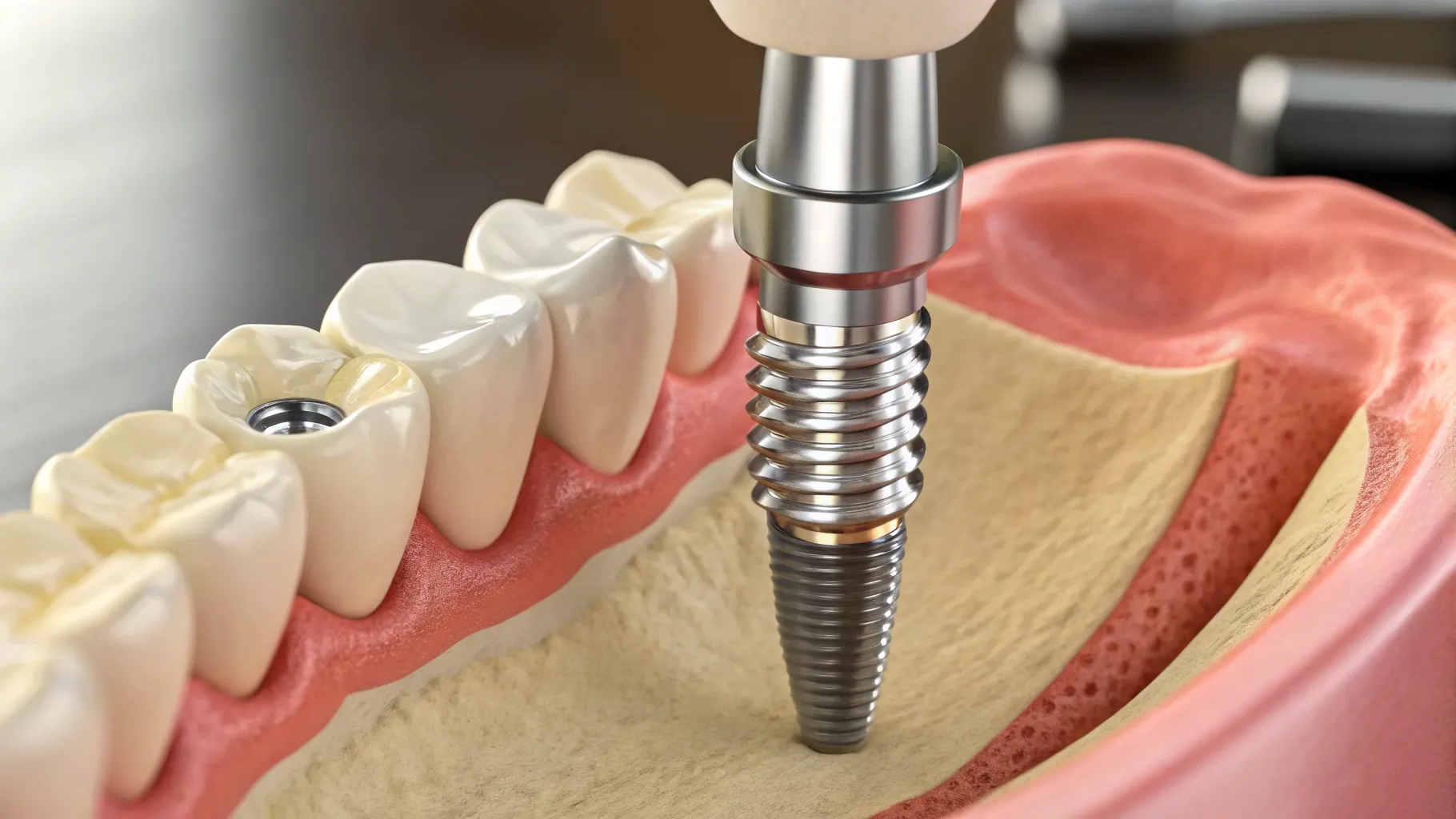 Minimalinvasive schraubenlose Implantate amidst advanced dental tools in a clinical setting.