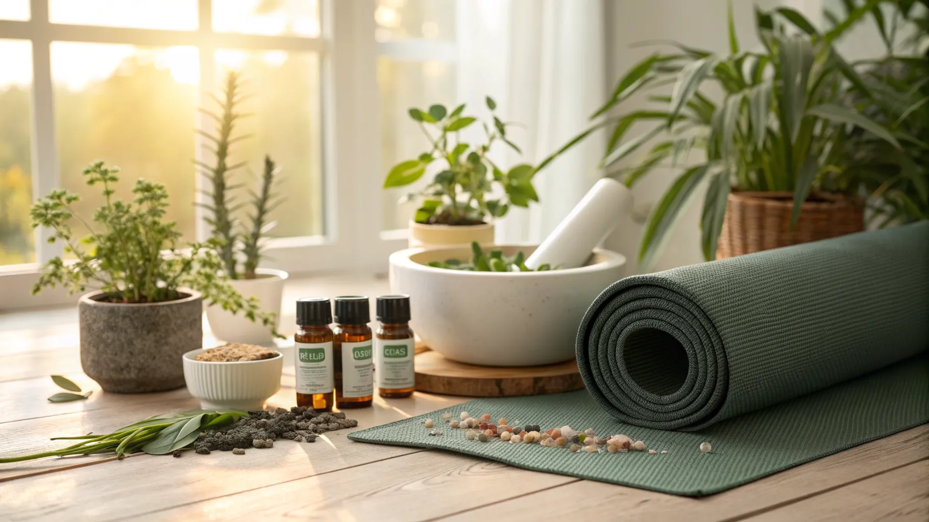 Natürliche Mittel gegen Angstzustände: A tranquil space with calming herbs and oils.