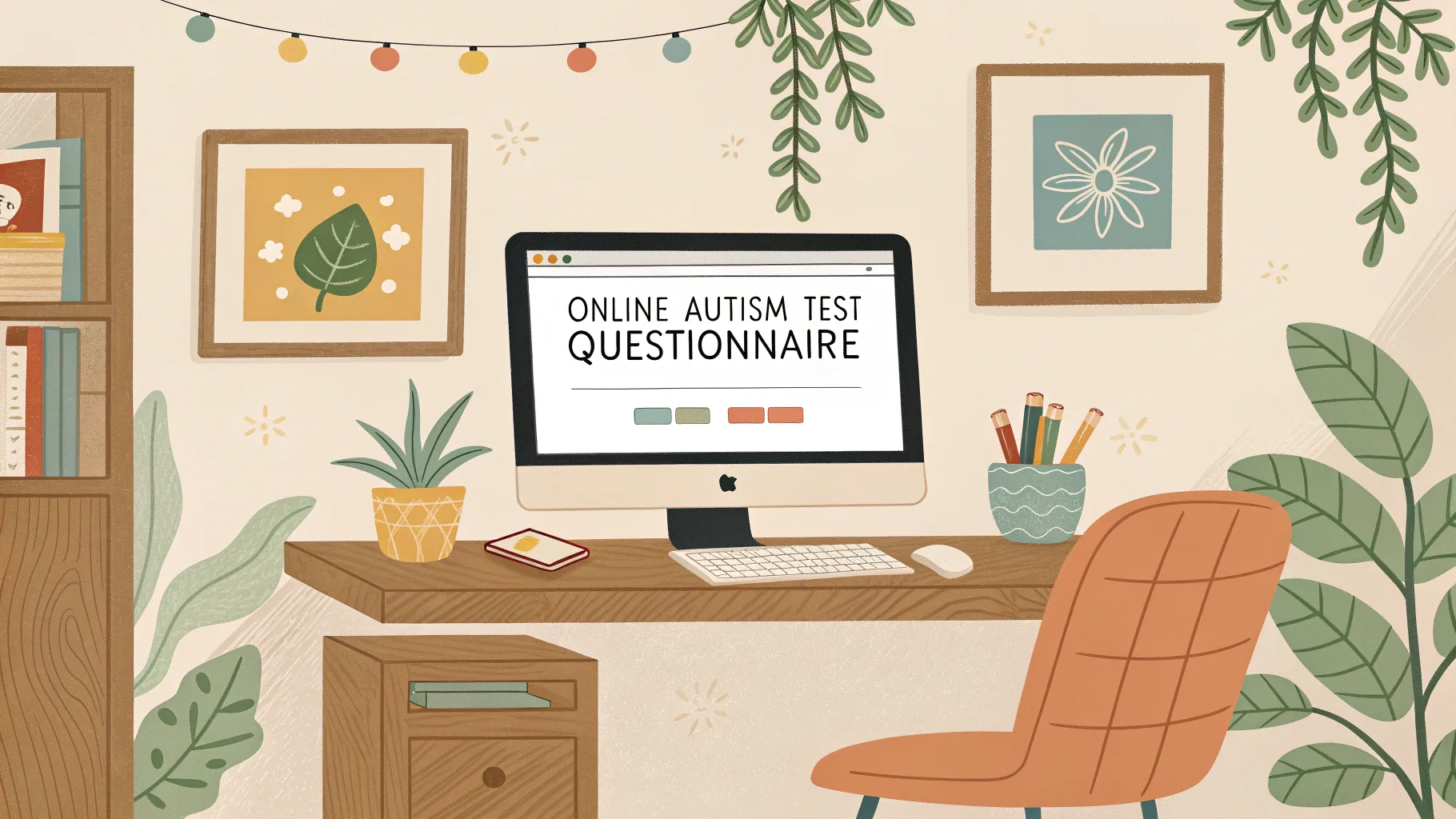 Ihr Leitfaden für einen Online-Autismustest: A calming home office with a computer setup.