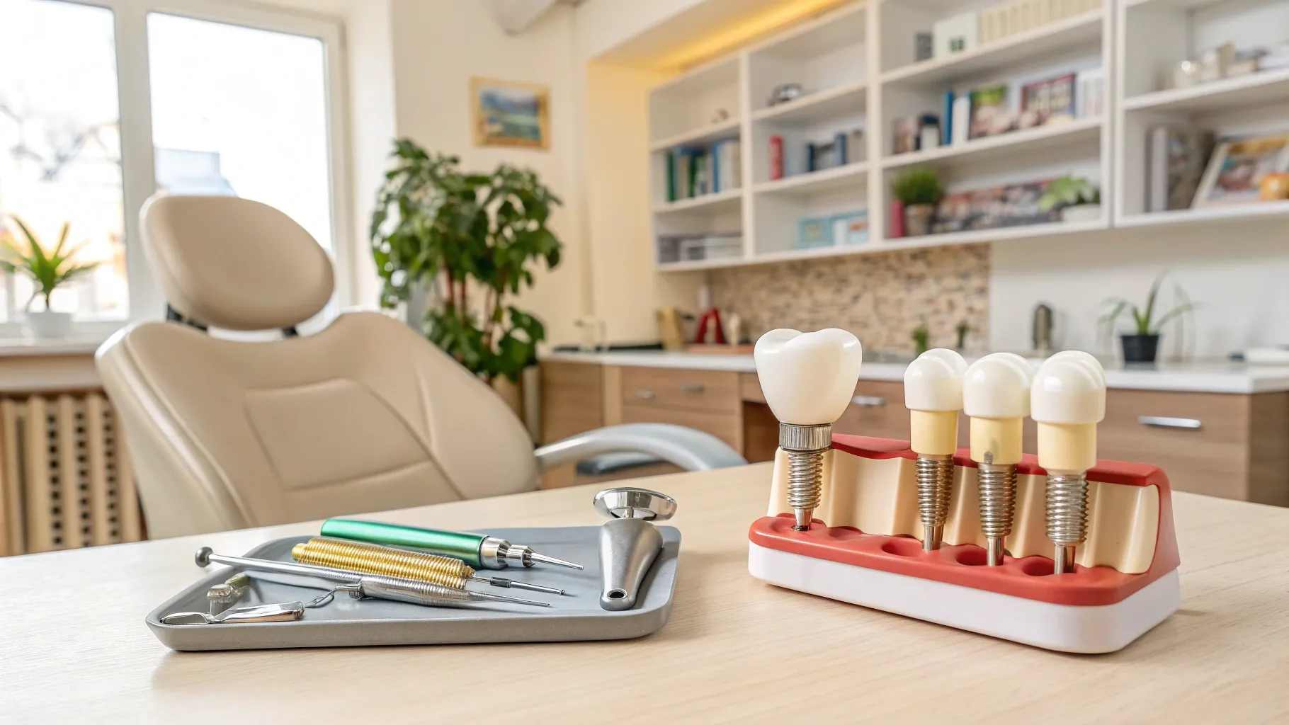 Zahnimplantate für Personen über 60 in a warm dental clinic with tools and implants.