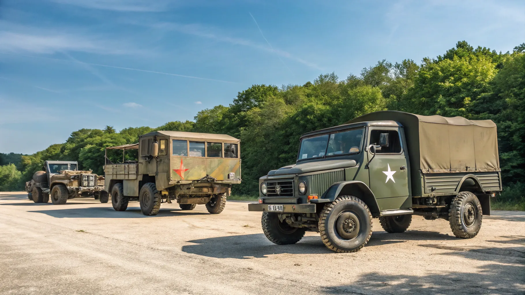 Ehemalige Militärfahrzeuge und LKWs zu verkaufen, showcasing vintage military vehicles outdoors.