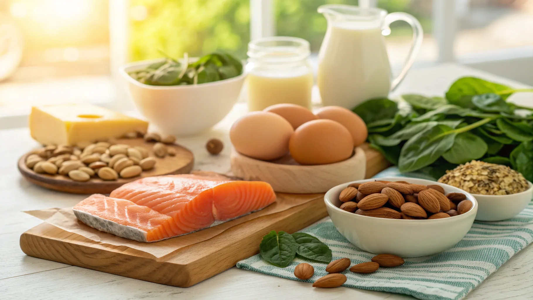Vitamine für erektile Stärke with a variety of nutritious foods displayed on a table.