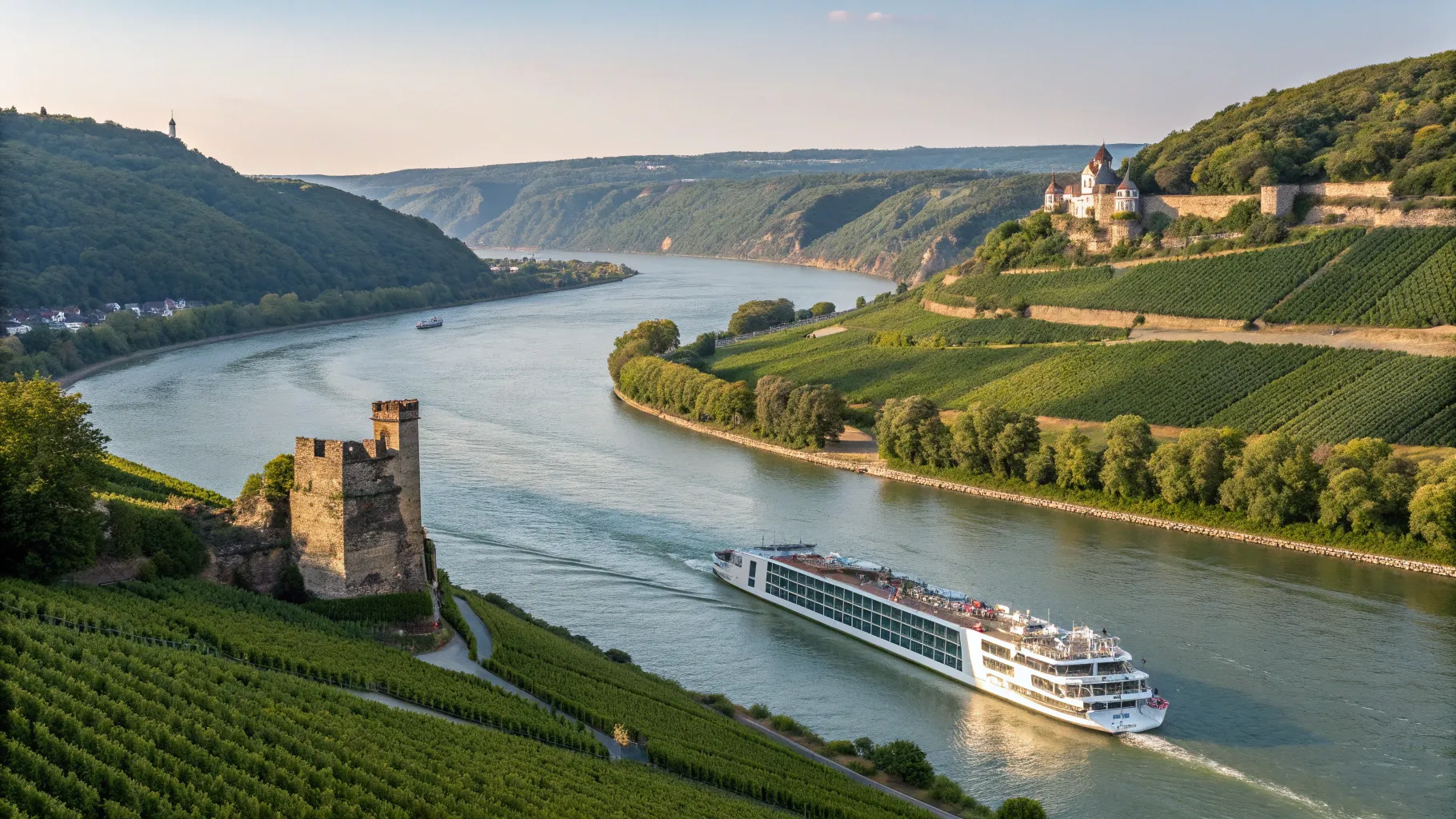 Ein elegantes Flusskreuzfahrtschiff gleitet ruhig auf einem europäischen Fluss, umgeben von malerischen Landschaften, symbolisch für europäische Flusskreuzfahrten.