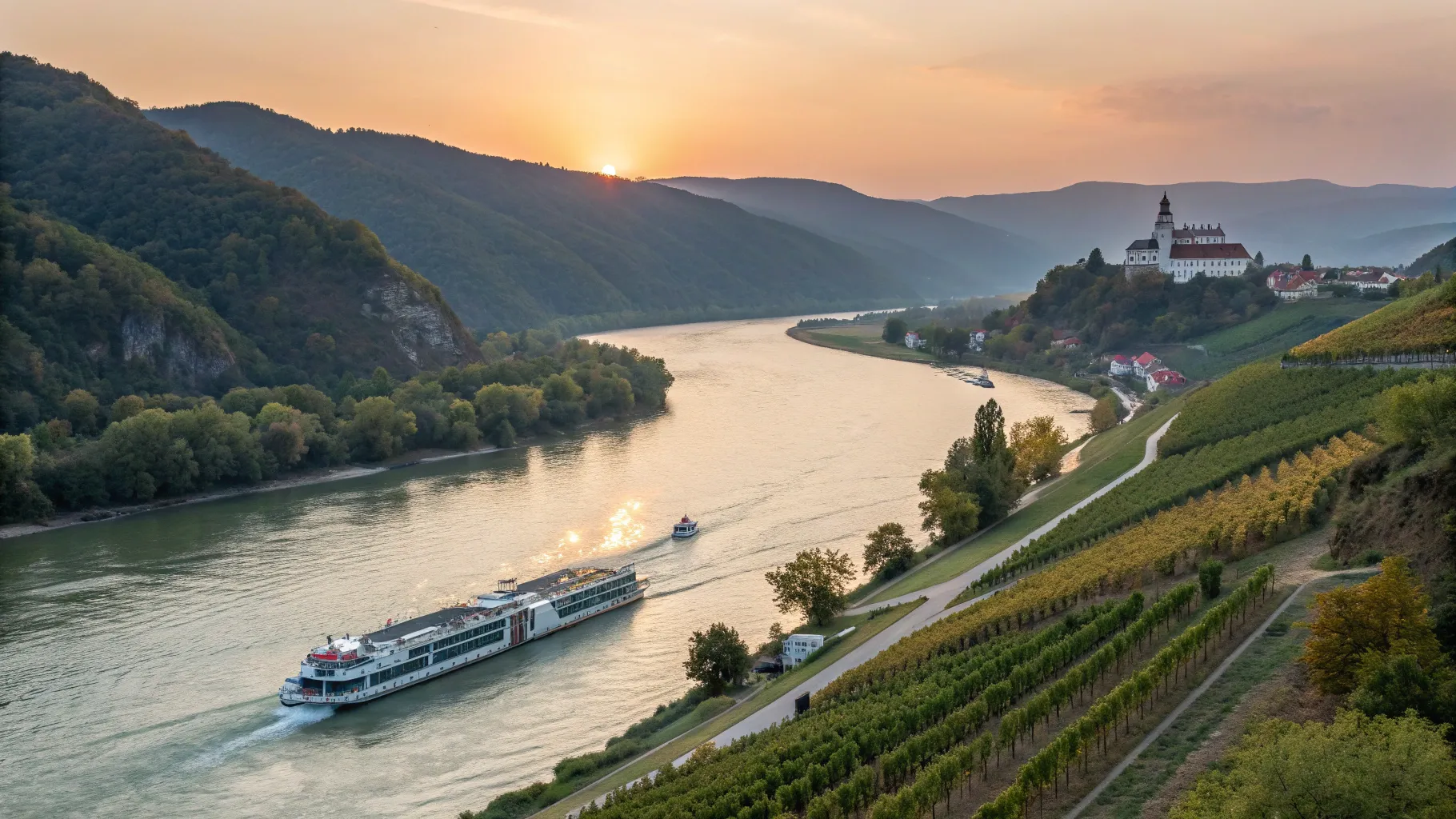 Donau-Wochenendkreuzfahrt von Wien nach Bratislava with a beautiful sunset on the river.