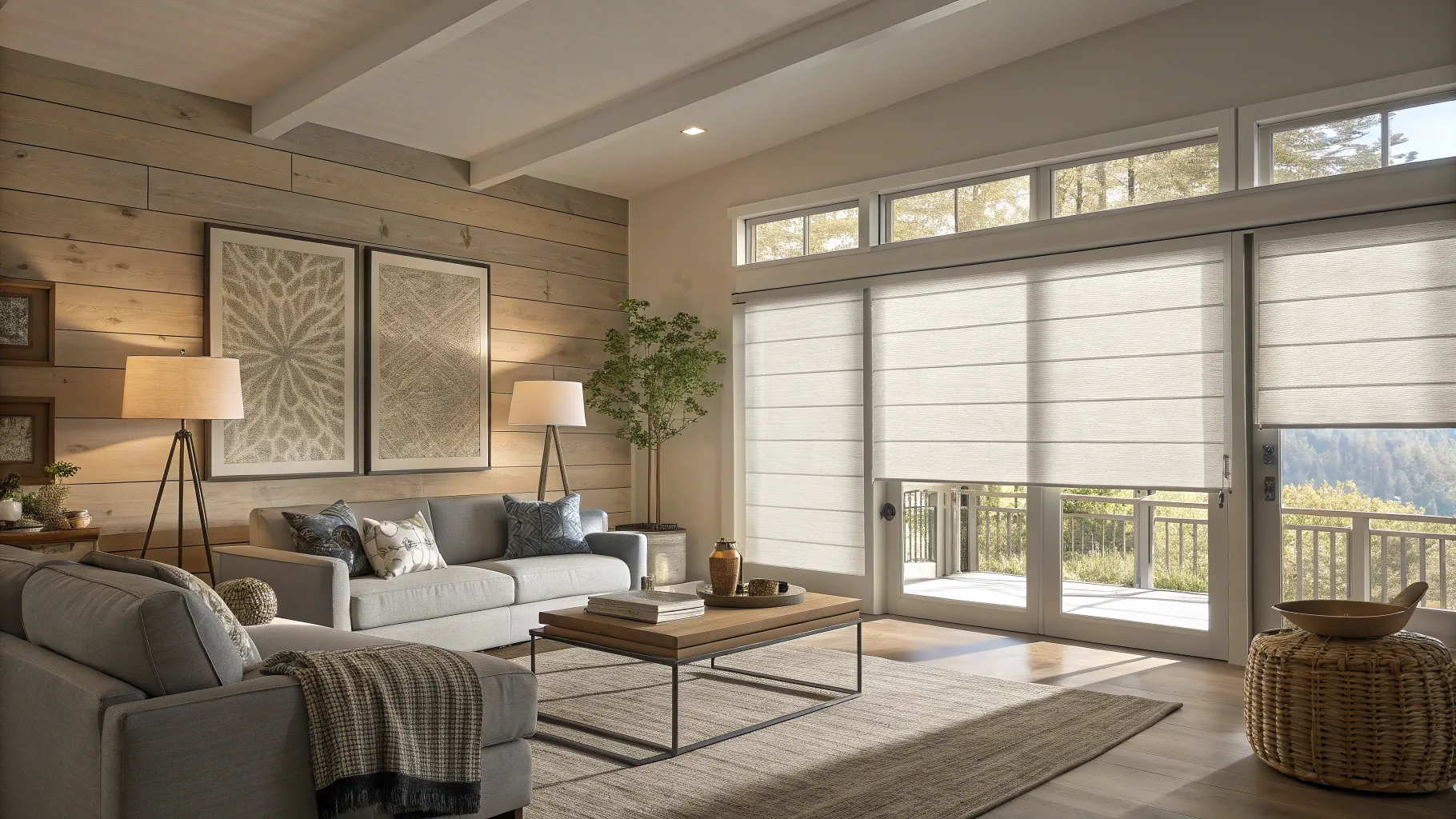 Mehr erfahren über motorisierte Rollos: Modern living room with elegant roller shades.