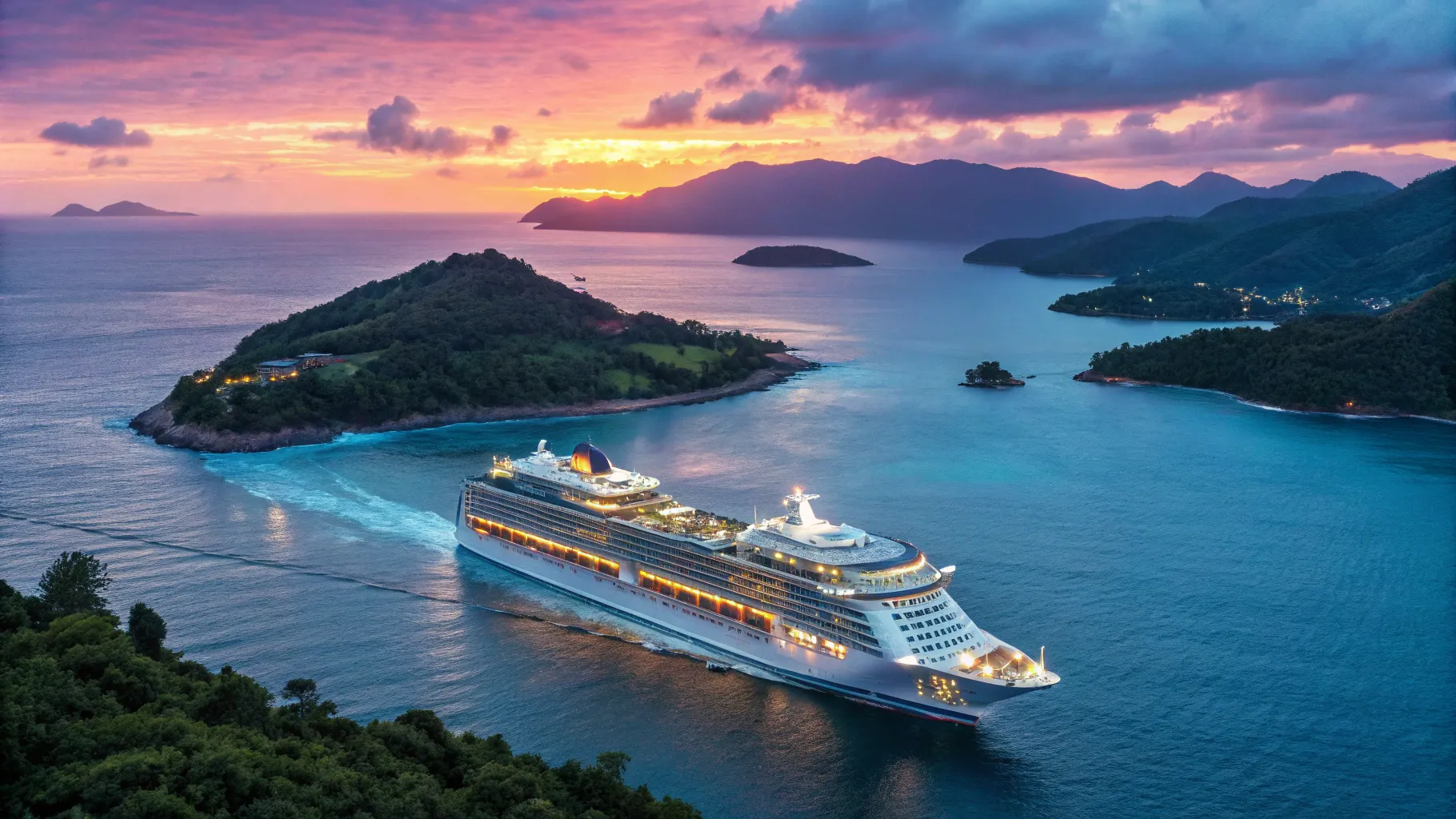 Cruise 140 Days Around the World journey on a stunning ship against a vibrant sunset.