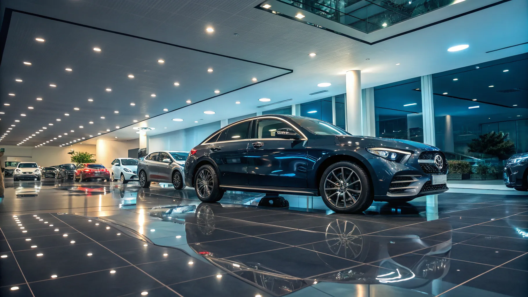 48 month car lease deals displayed in an elegant showroom with modern vehicles.