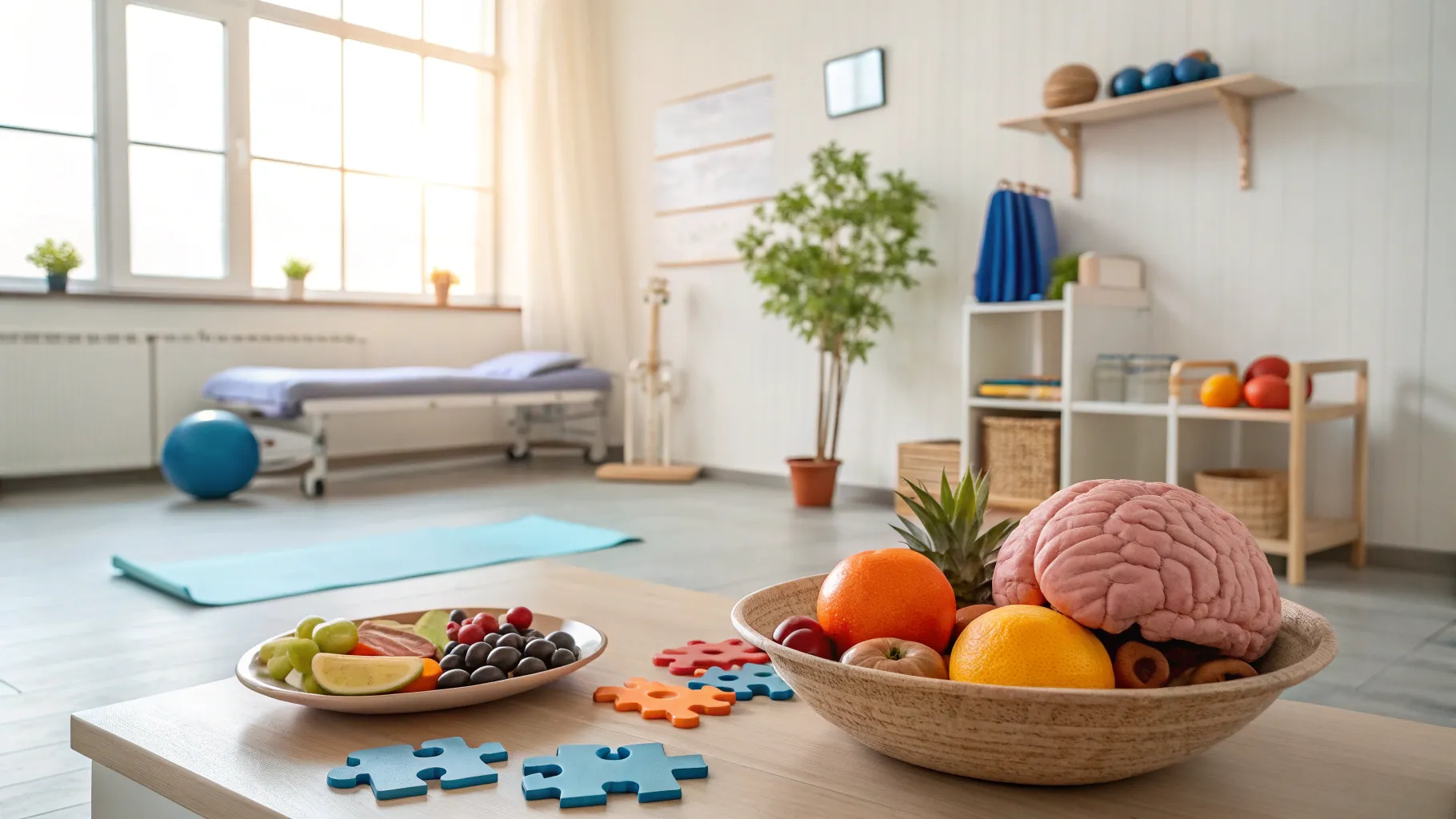 A Practical Guide to Supporting Brain Recovery After a Stroke with exercise gear and fruits.